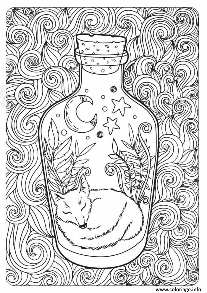 Dessin bouteille avec renard dormi dessin animal et foret motif Coloriage Gratuit à Imprimer