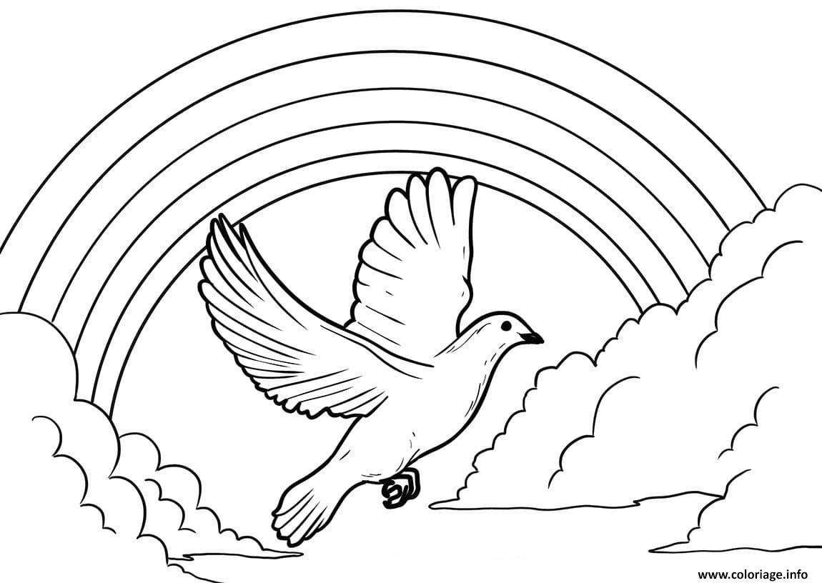 Dessin une colombe vol pres de arc en ciel Coloriage Gratuit à Imprimer