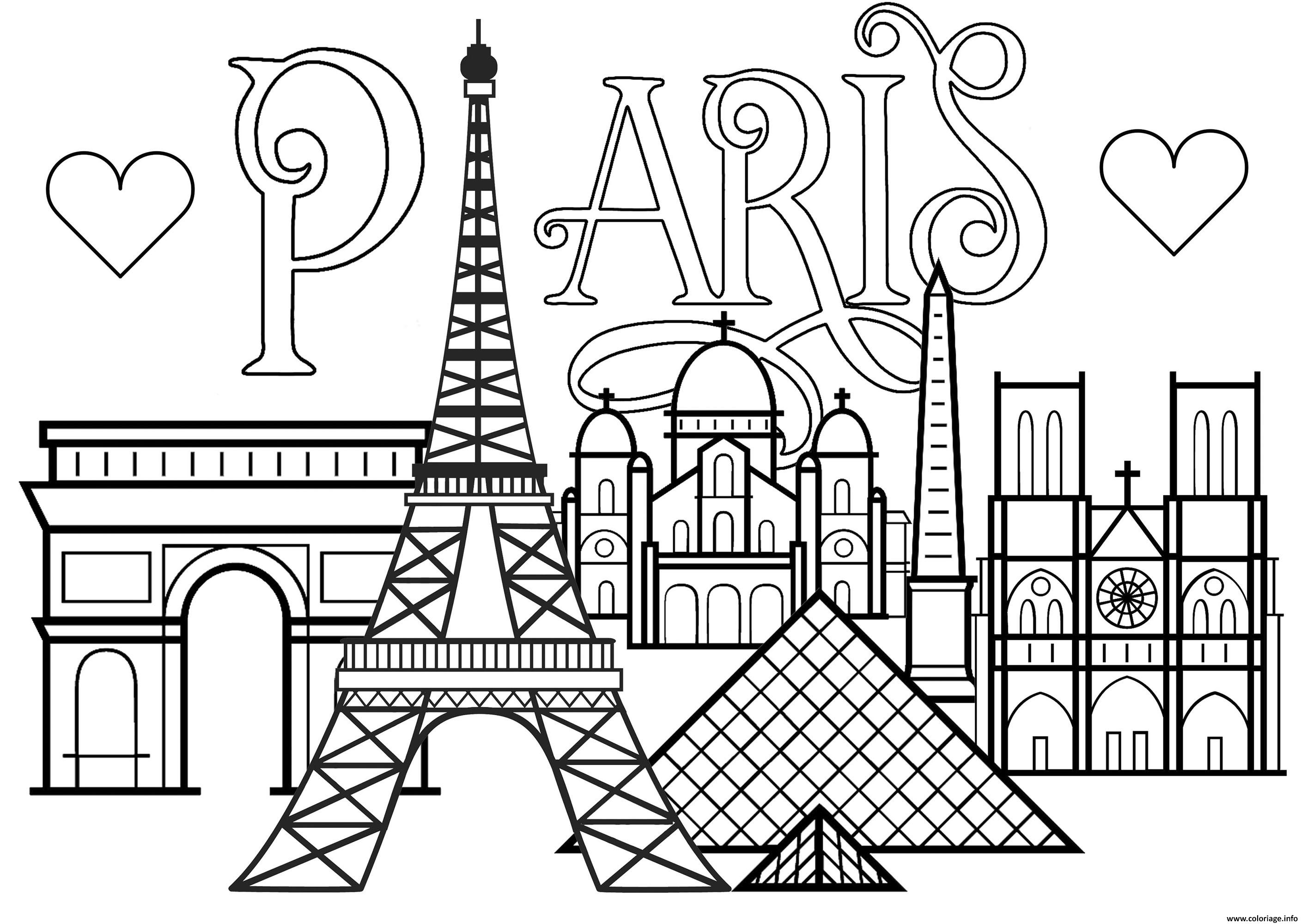 Dessin ville de paris monuments Tour Eiffel Arc de triomphe Cathedrale Notre Dame de Paris Coloriage Gratuit à Imprimer
