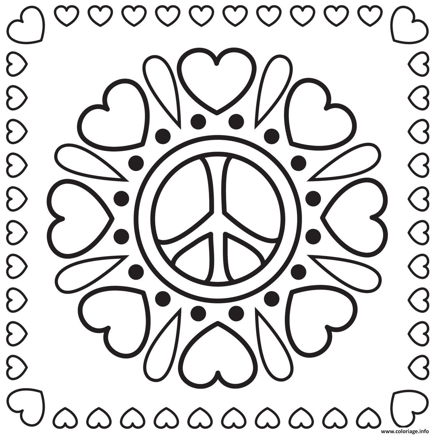 Dessin mandala paix peace amour et coeurs Coloriage Gratuit à Imprimer
