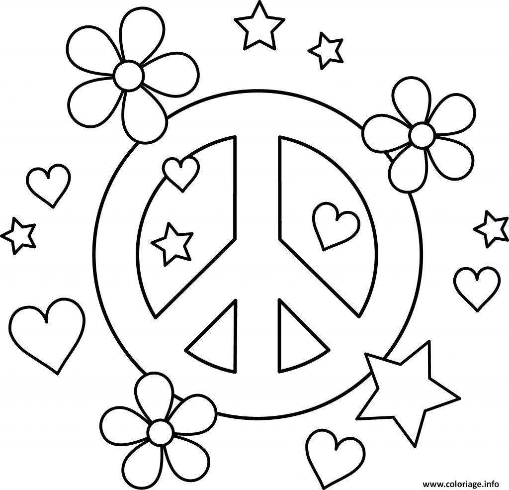 Coloriage Symbole De La Paix Avec Coeurs Fleurs Et Etoiles JeColorie