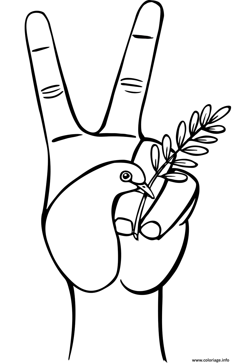 Dessin symbole paix V avec la main oiseau blanc et branche olive Coloriage Gratuit à Imprimer