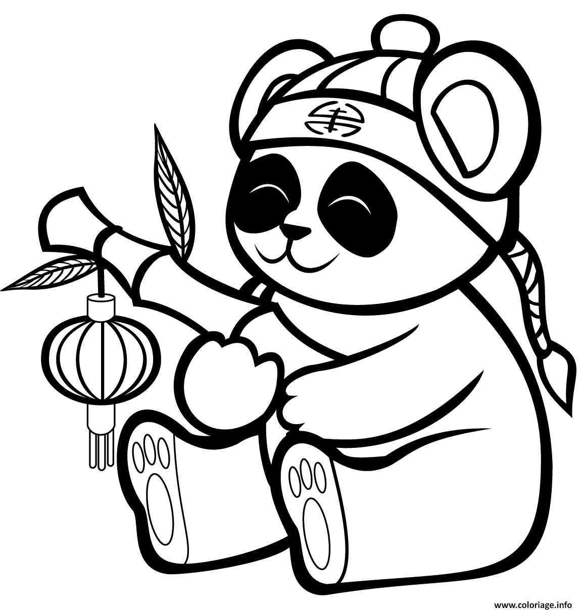 Dessin un panda mignon avec une lanterne de bambou Coloriage Gratuit à Imprimer