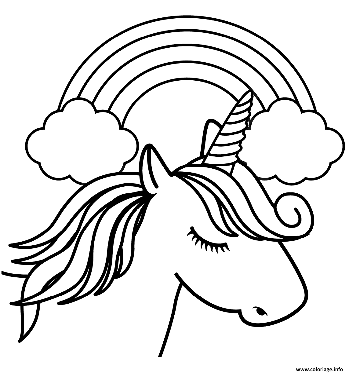 Dessin licorne blanche avec une corne unique devant un arc en ciel Coloriage Gratuit à Imprimer