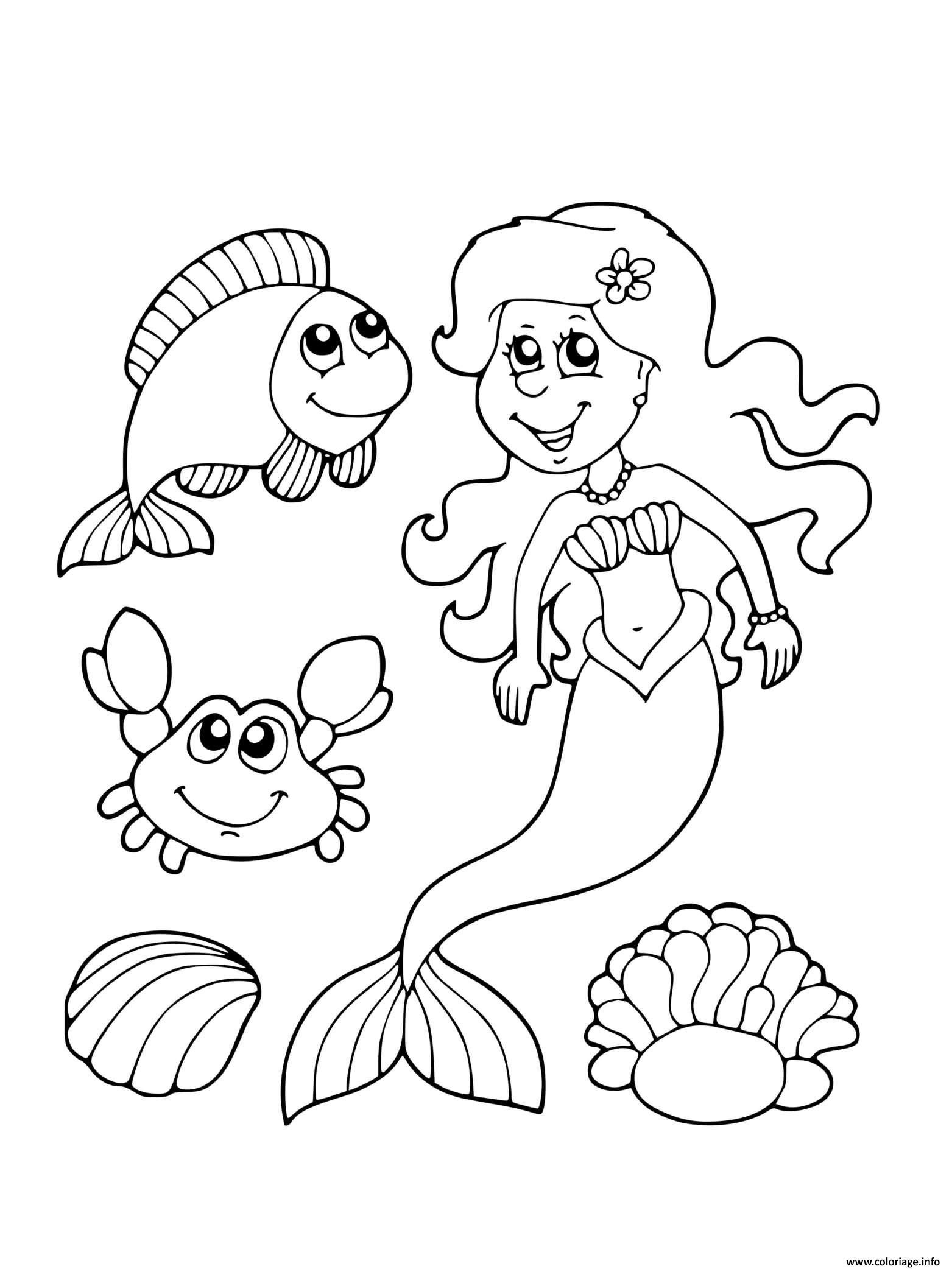 Coloriage Sirene Et Ses Amis Marins Poisson Et Crabe Dessin à Imprimer
