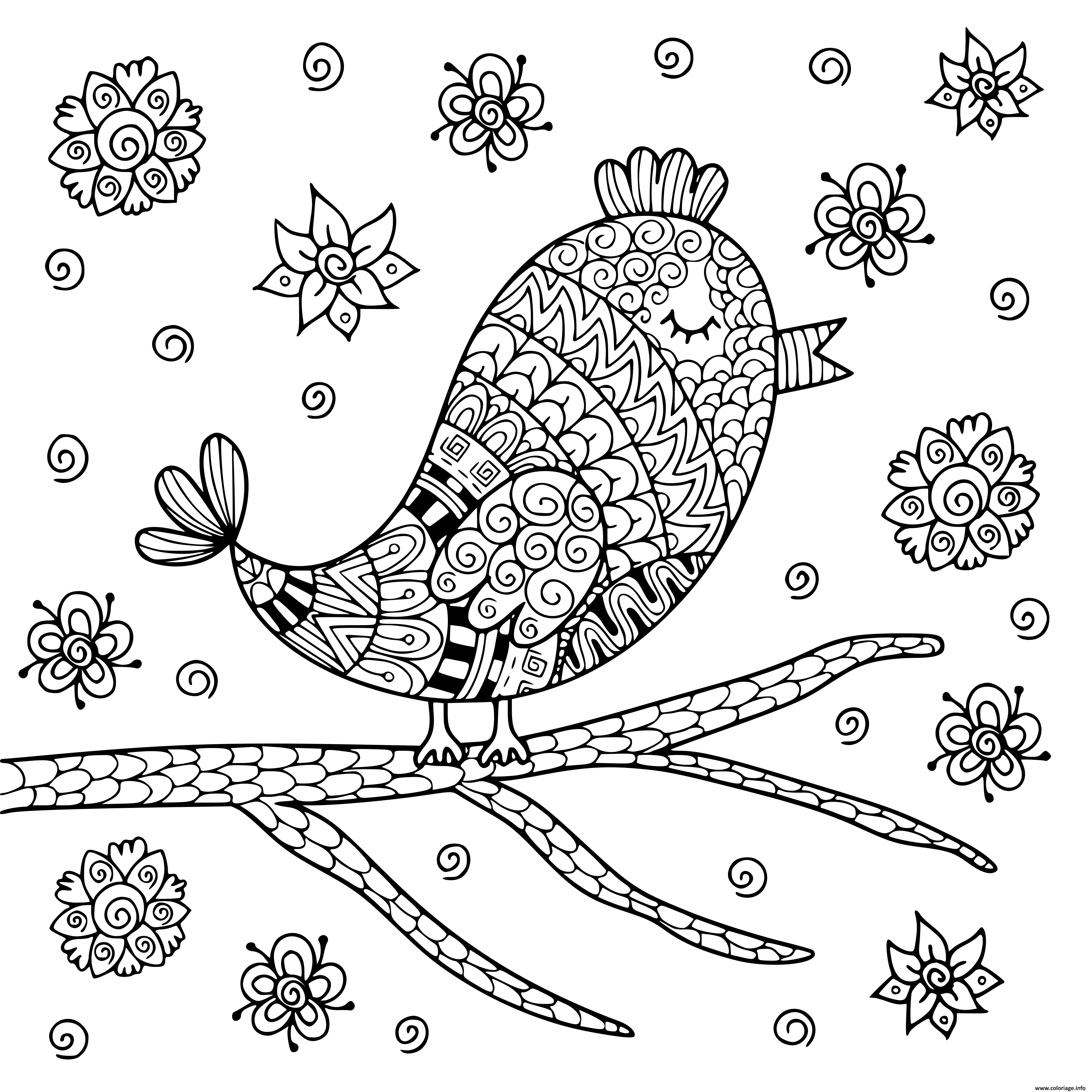 Dessin oiseau mandala mignon de zentangle se reposant sur la branche Coloriage Gratuit à Imprimer