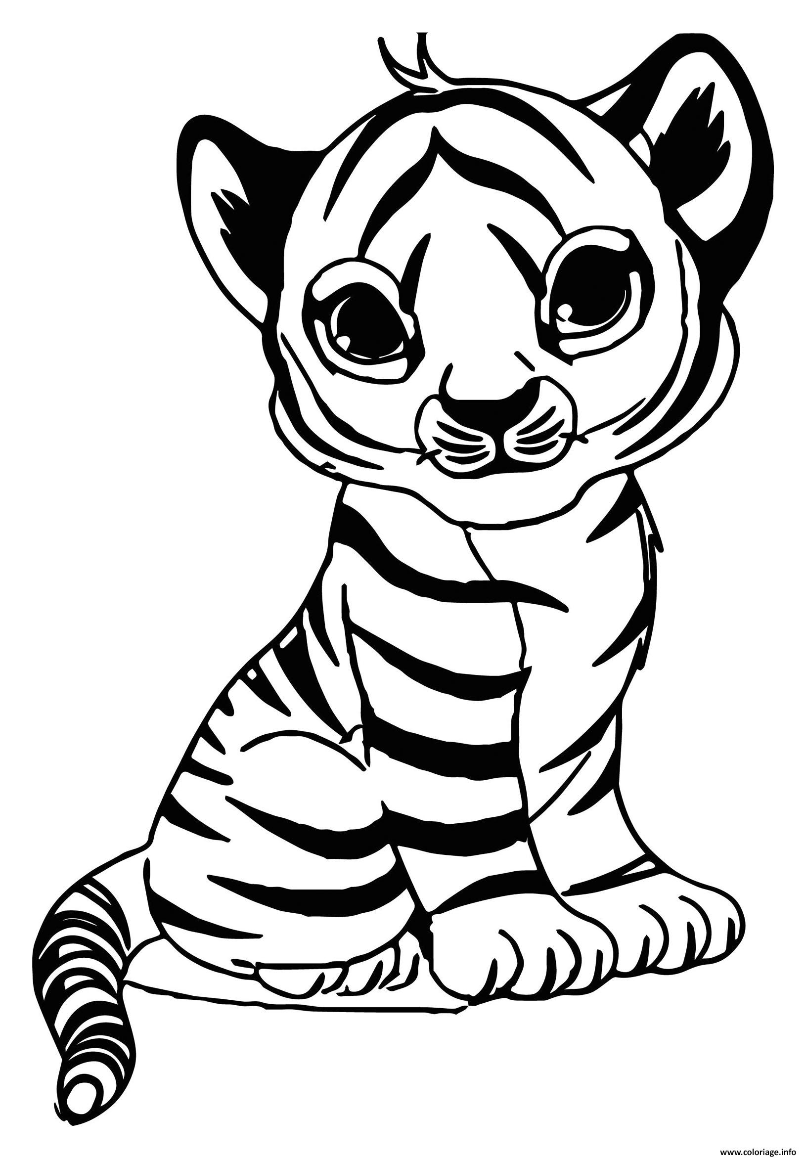 Dessin un bebe tigre felin avec fourrure jaune rayee de noir Coloriage Gratuit à Imprimer