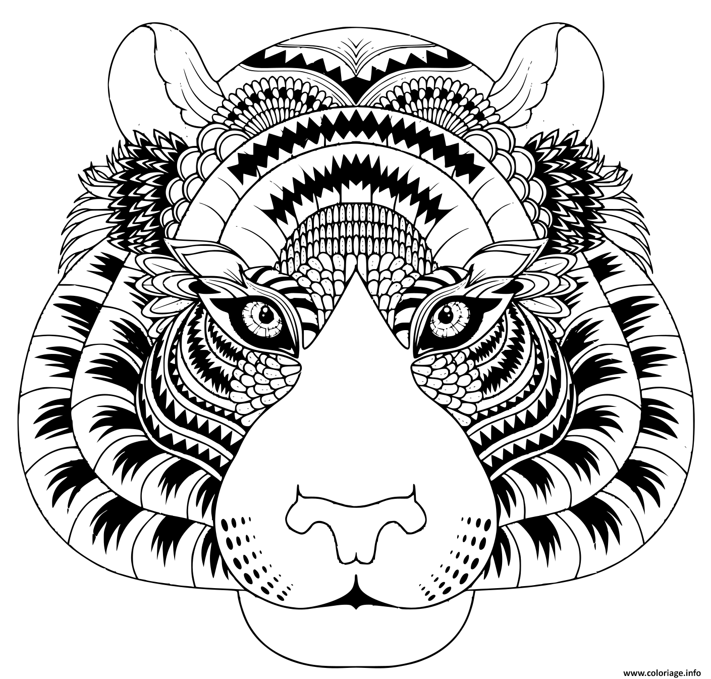 Dessin tete de tigre avec details zentangle Coloriage Gratuit à Imprimer