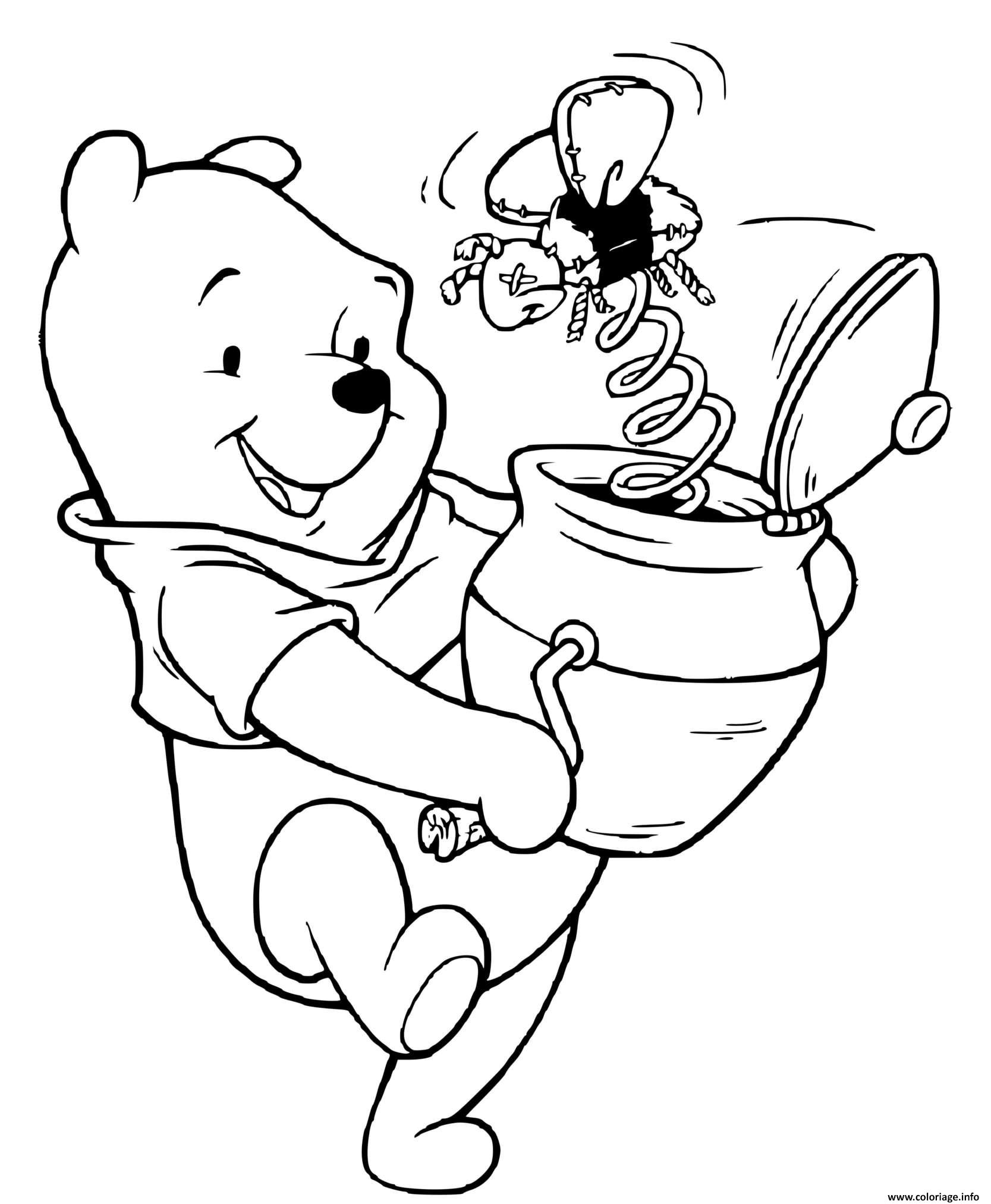 Dessin pot de miel surprise avec une abeille qui fait le saut Coloriage Gratuit à Imprimer