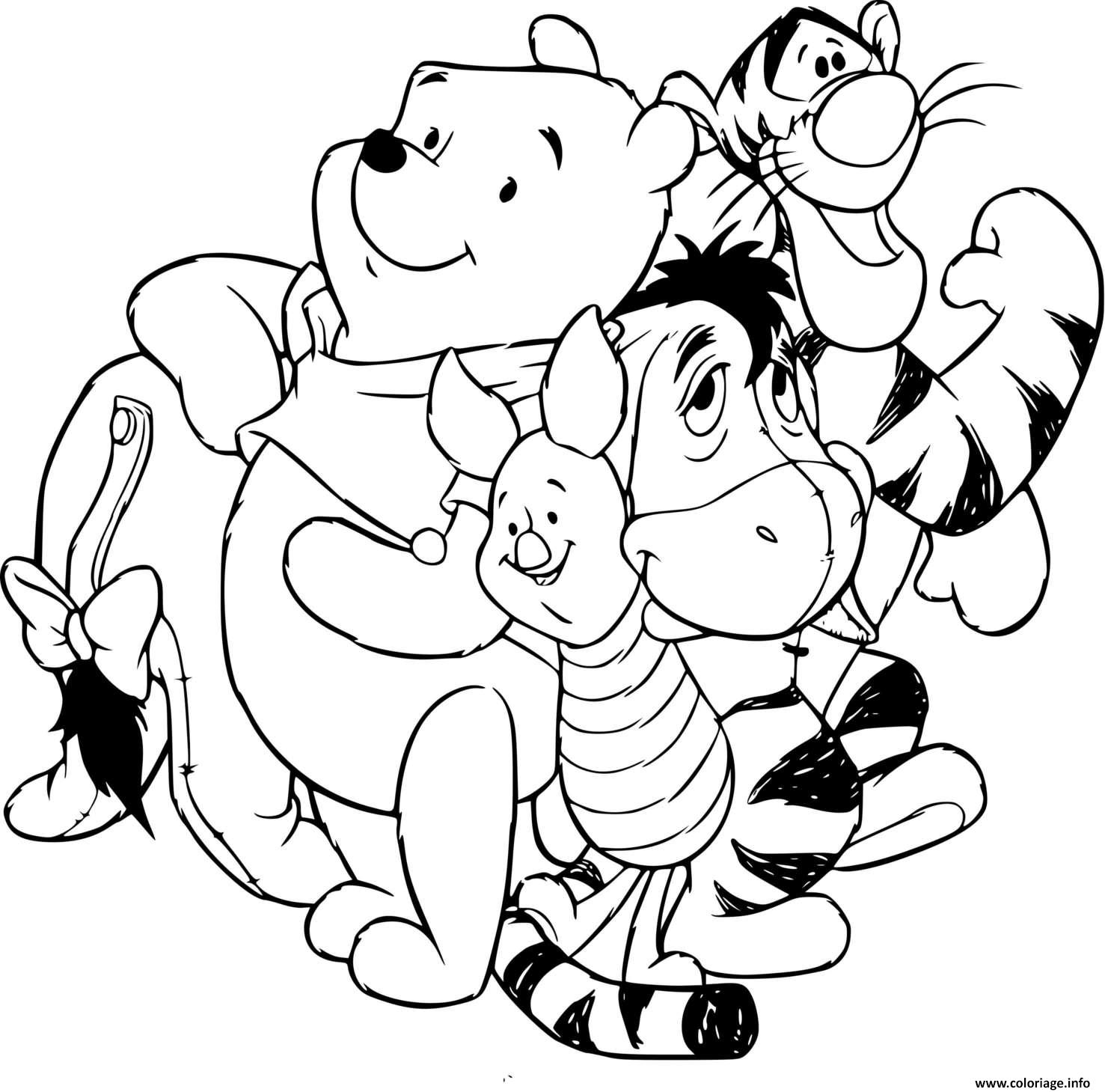 Dessin winnie avec tigrou bouriquet et porcinet la belle famille Coloriage Gratuit à Imprimer