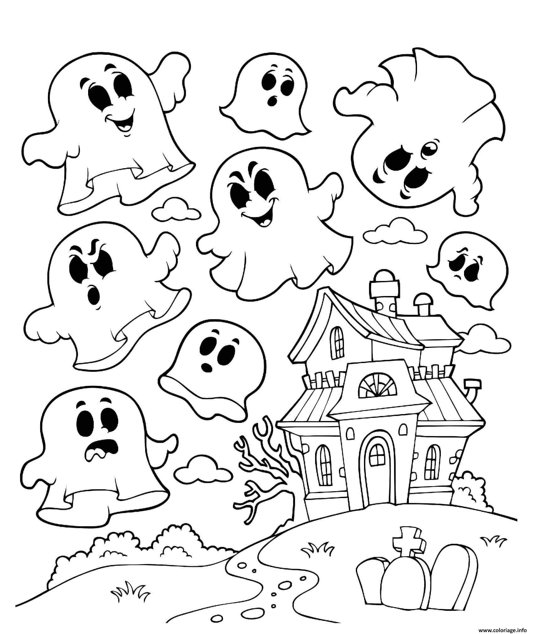 Dessin maison hantee avec des fantomes Coloriage Gratuit à Imprimer