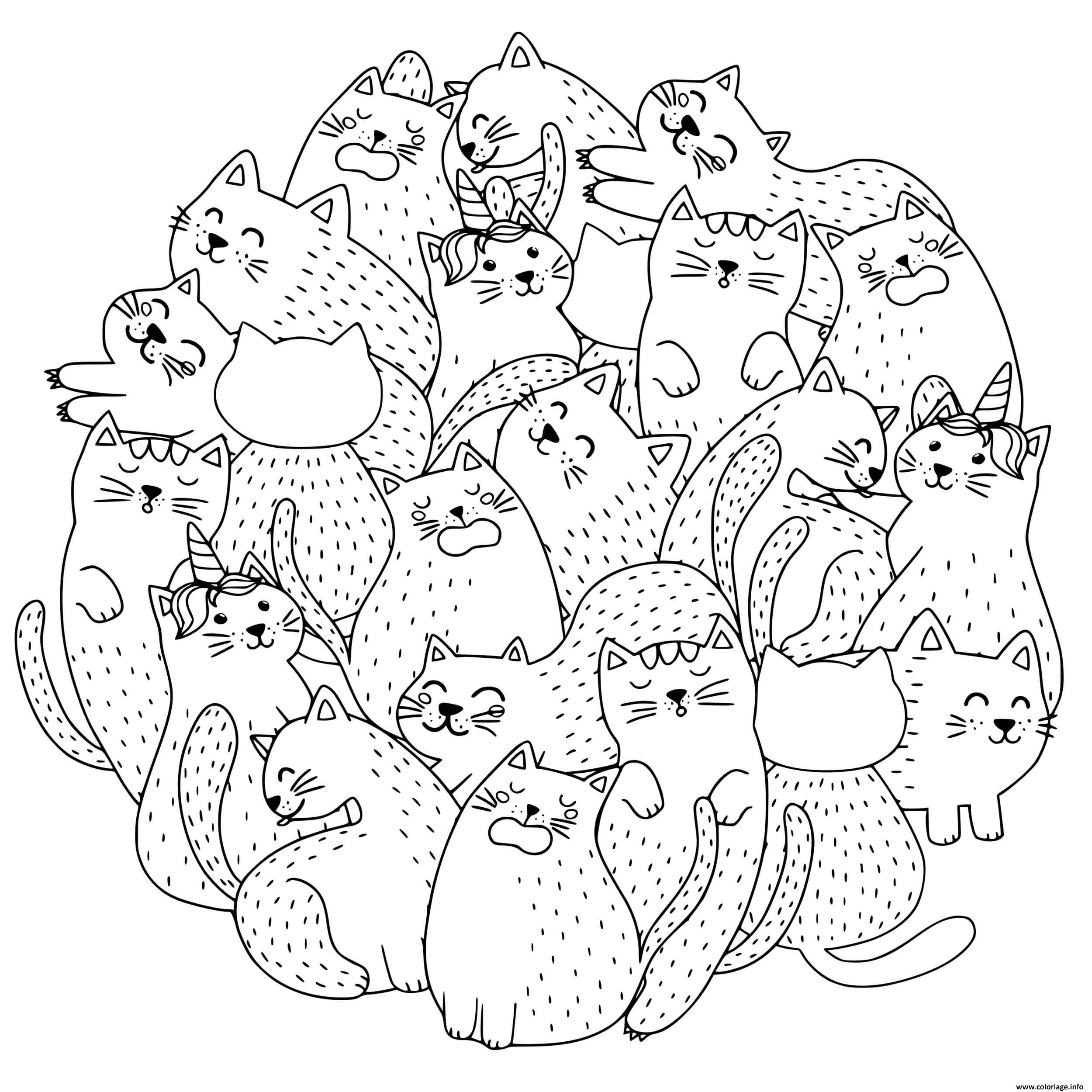 Dessin une grosse boule de chats chatons et licorne adorable Coloriage Gratuit à Imprimer