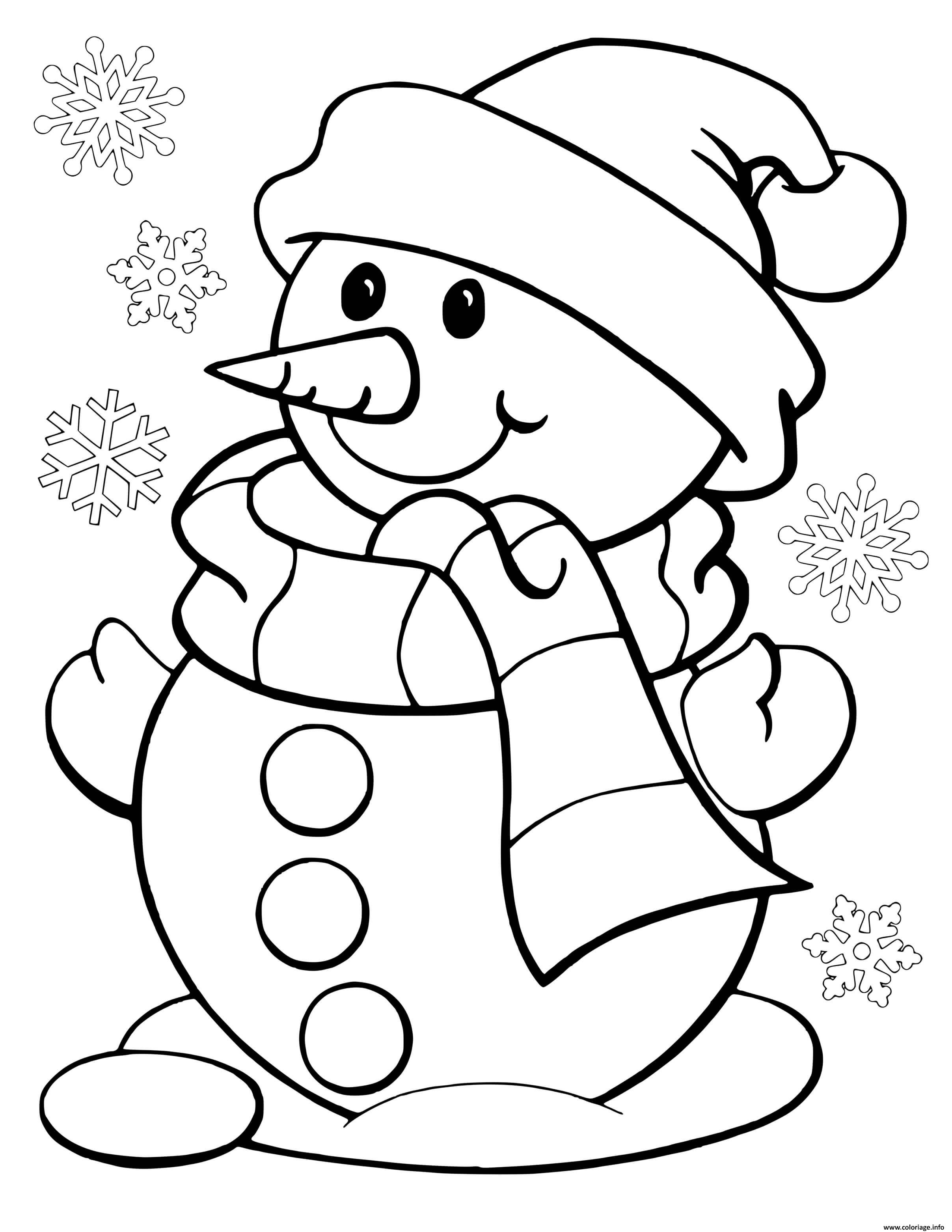 Dessin bonhomme de neige avec des flocons Coloriage Gratuit à Imprimer