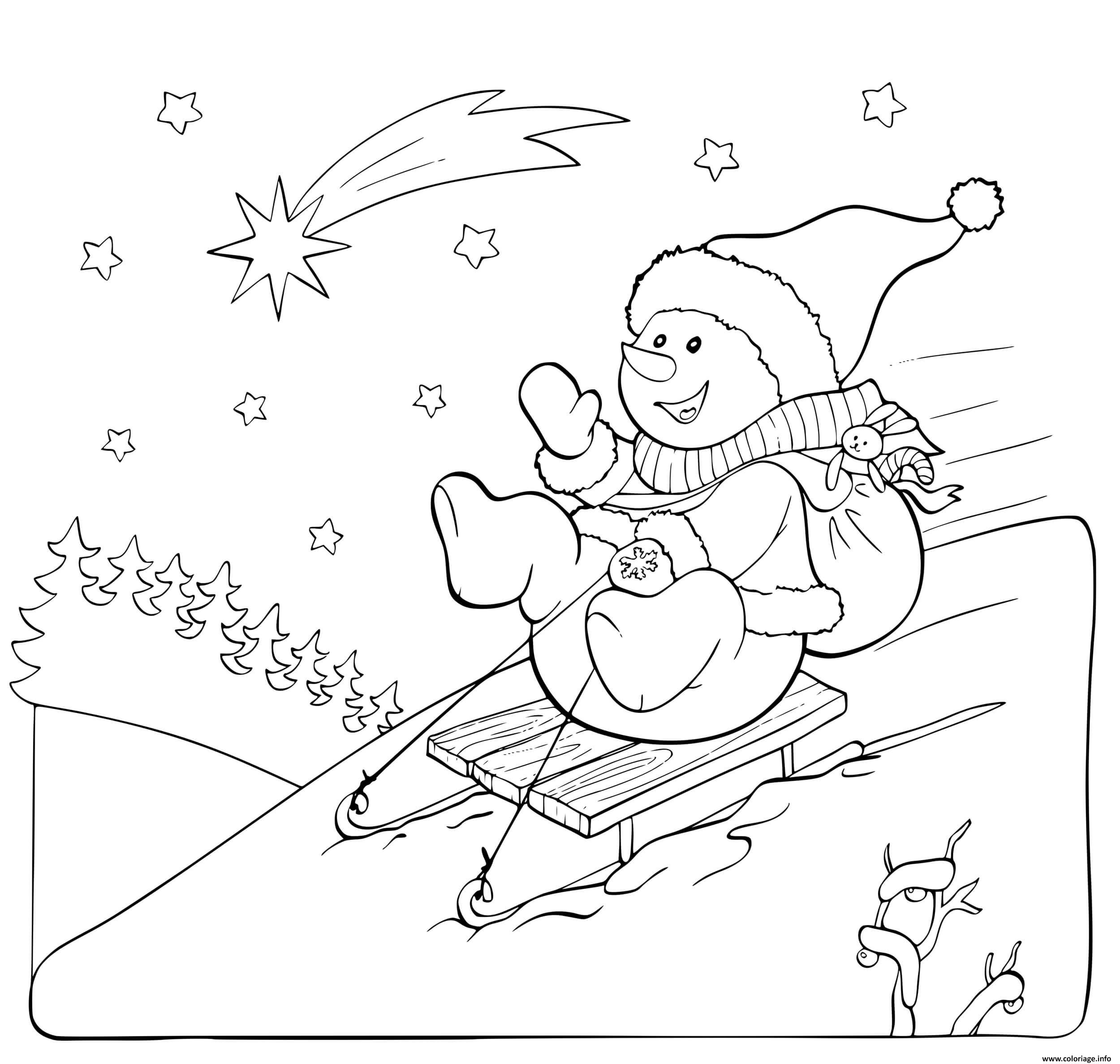 Dessin bonhomme de neige glisse pendant les vacances de noel Coloriage Gratuit à Imprimer