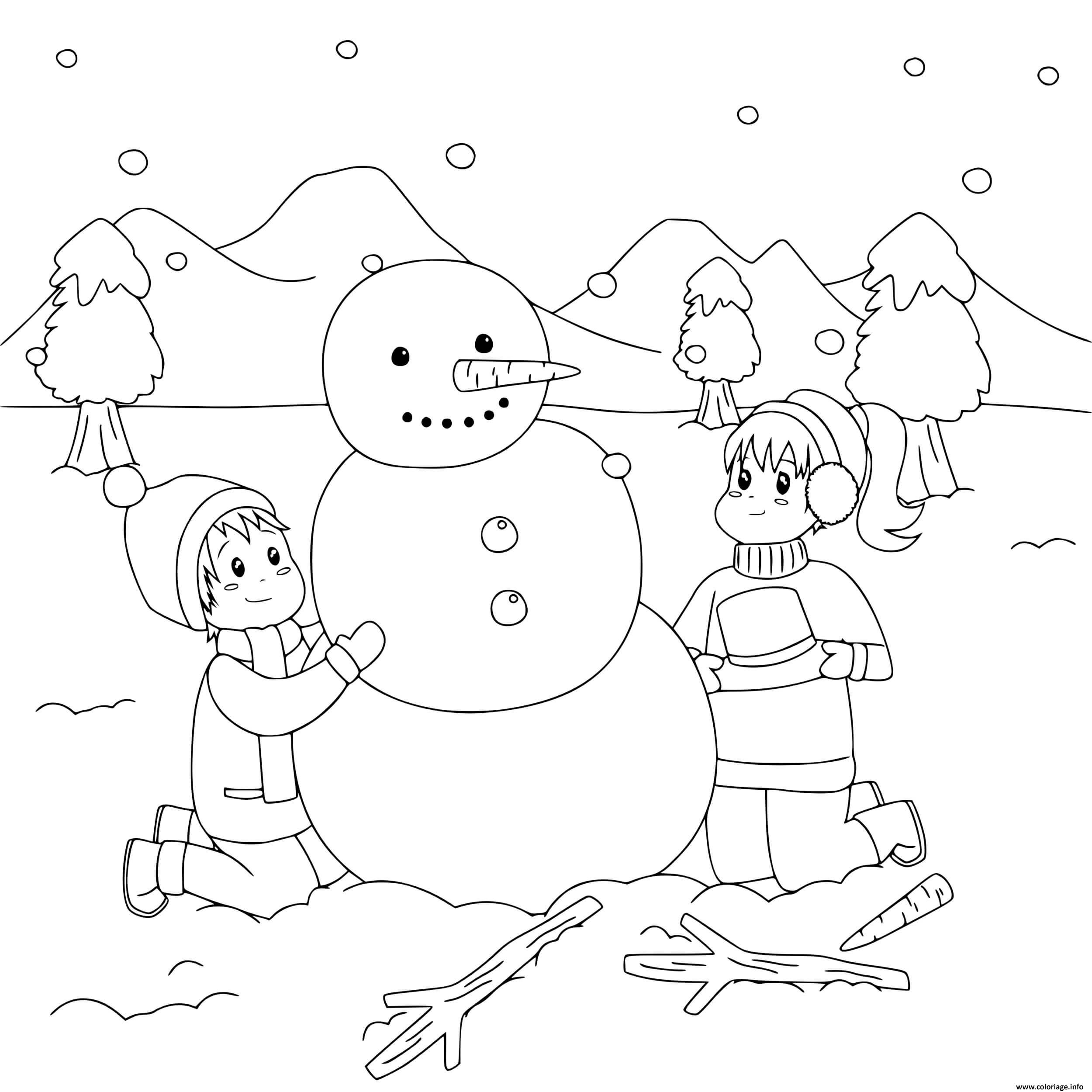 Dessin des enfants font un bonhomme de neige sous un paysage de neiges Coloriage Gratuit à Imprimer