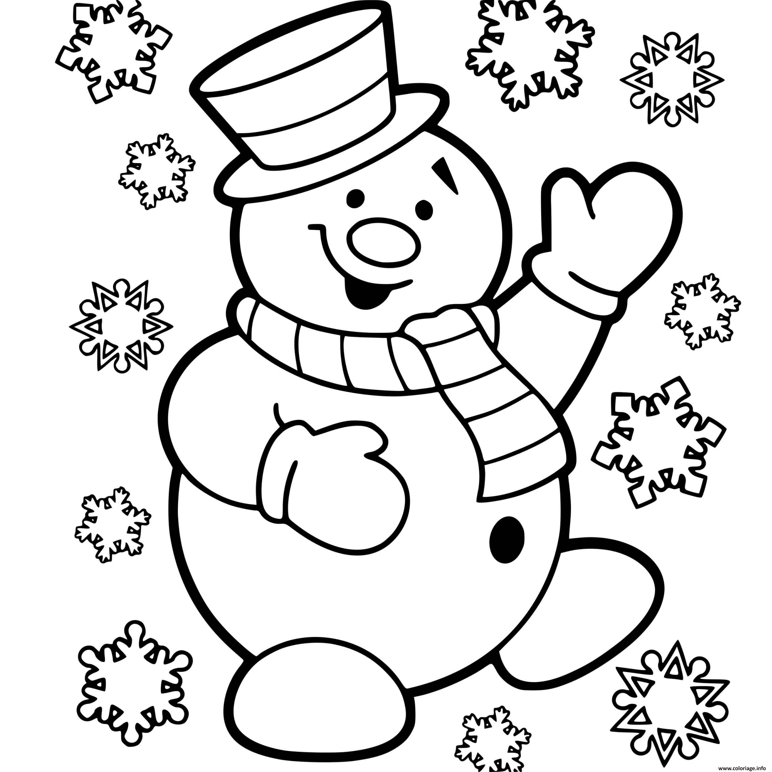Dessin bonhomme de neige maternelle avec flocons de neige Coloriage Gratuit à Imprimer