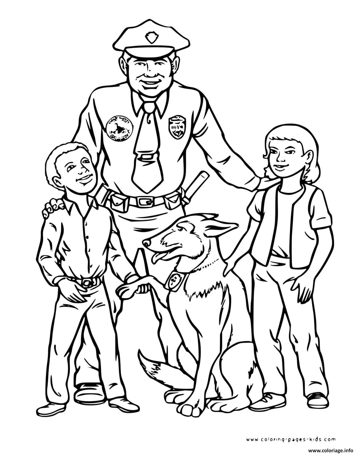 Dessin chien policier et officier avec deux enfants Coloriage Gratuit à Imprimer