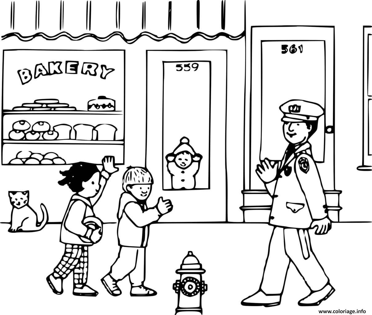 Dessin des enfants disent bonjour a un policier Coloriage Gratuit à Imprimer