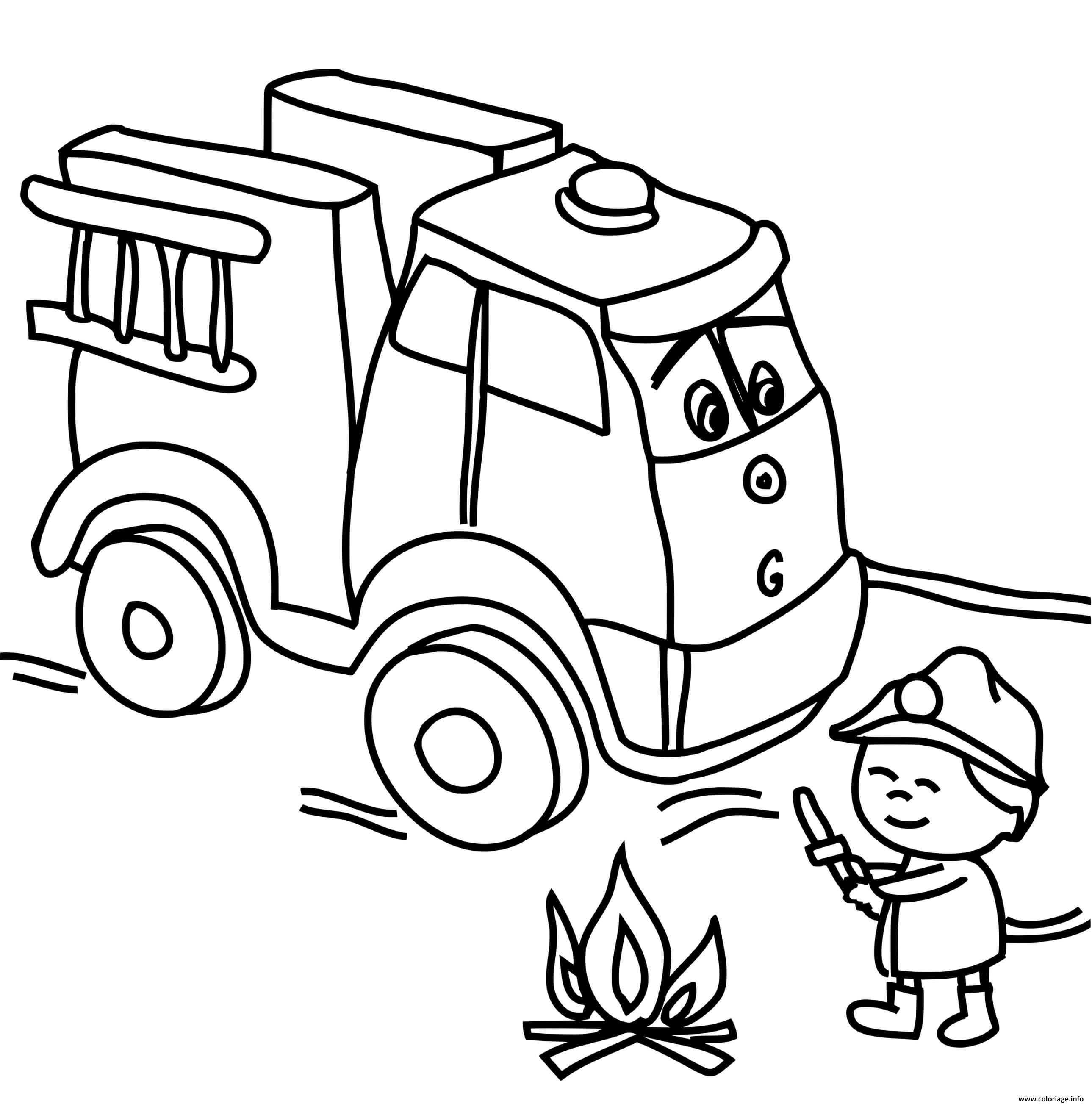 Dessin camion de pompier avec un enfant de la maternelle qui eteint le feu Coloriage Gratuit à Imprimer
