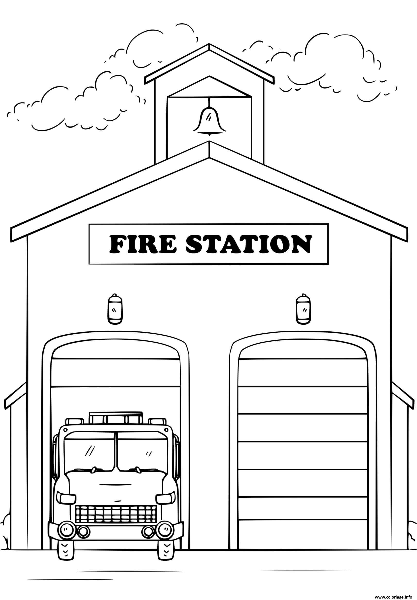 Dessin caserne de pompier contre les incendies Coloriage Gratuit à Imprimer