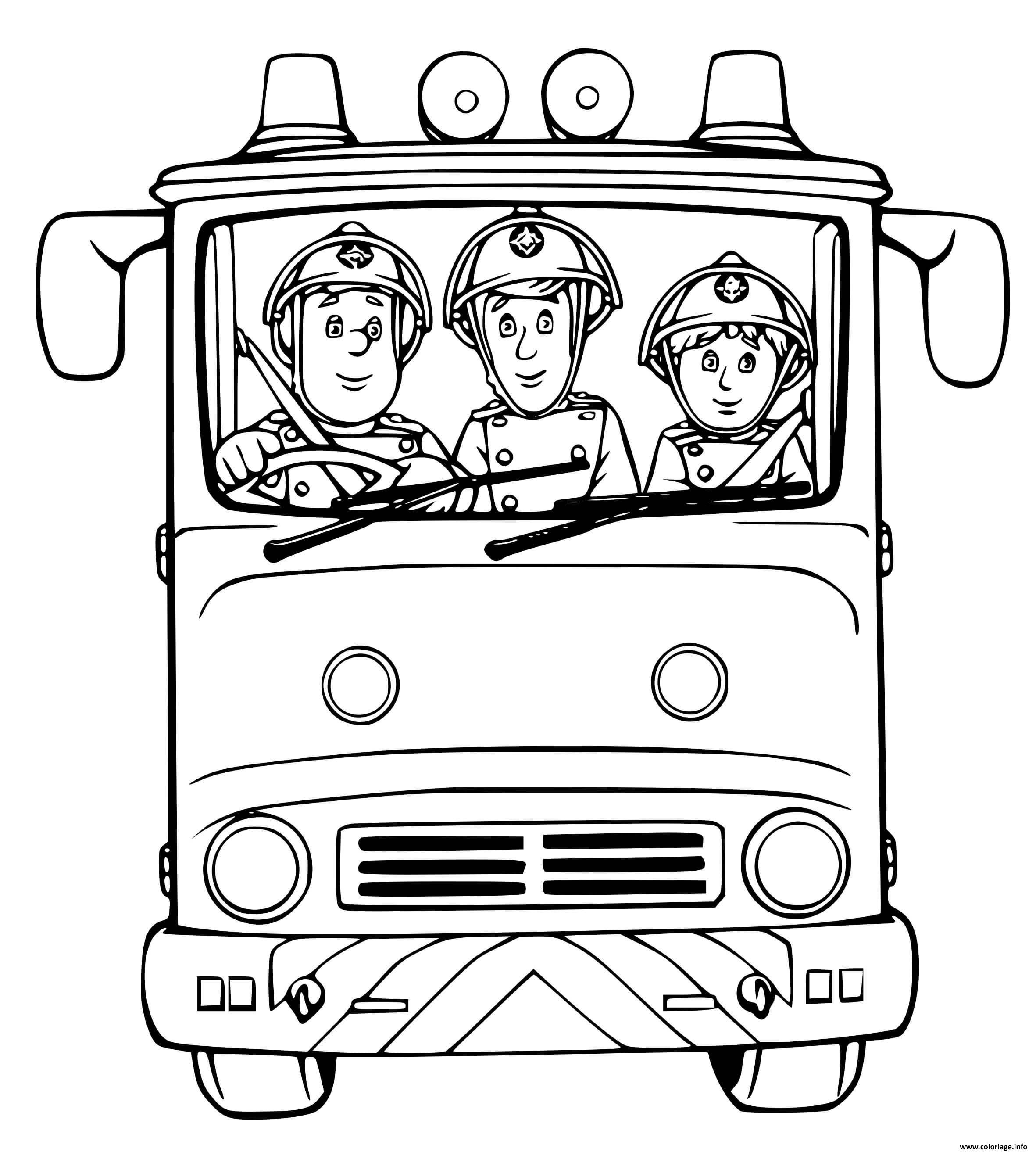 Dessin camion de pompier avec trois pompiers pret a passer a laction Coloriage Gratuit à Imprimer