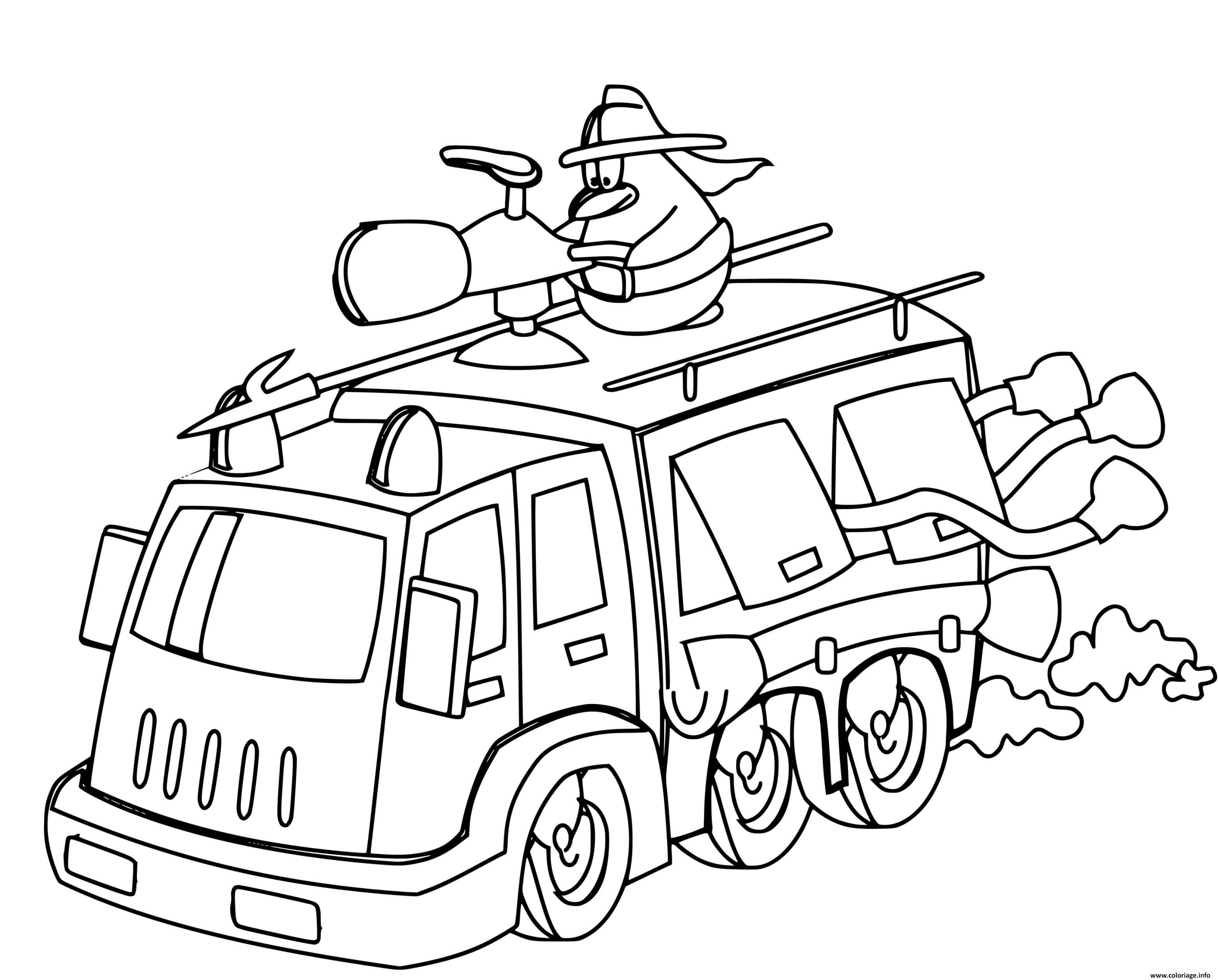 Dessin un dessin anime sur un camion de pompier a pleine vitesse Coloriage Gratuit à Imprimer