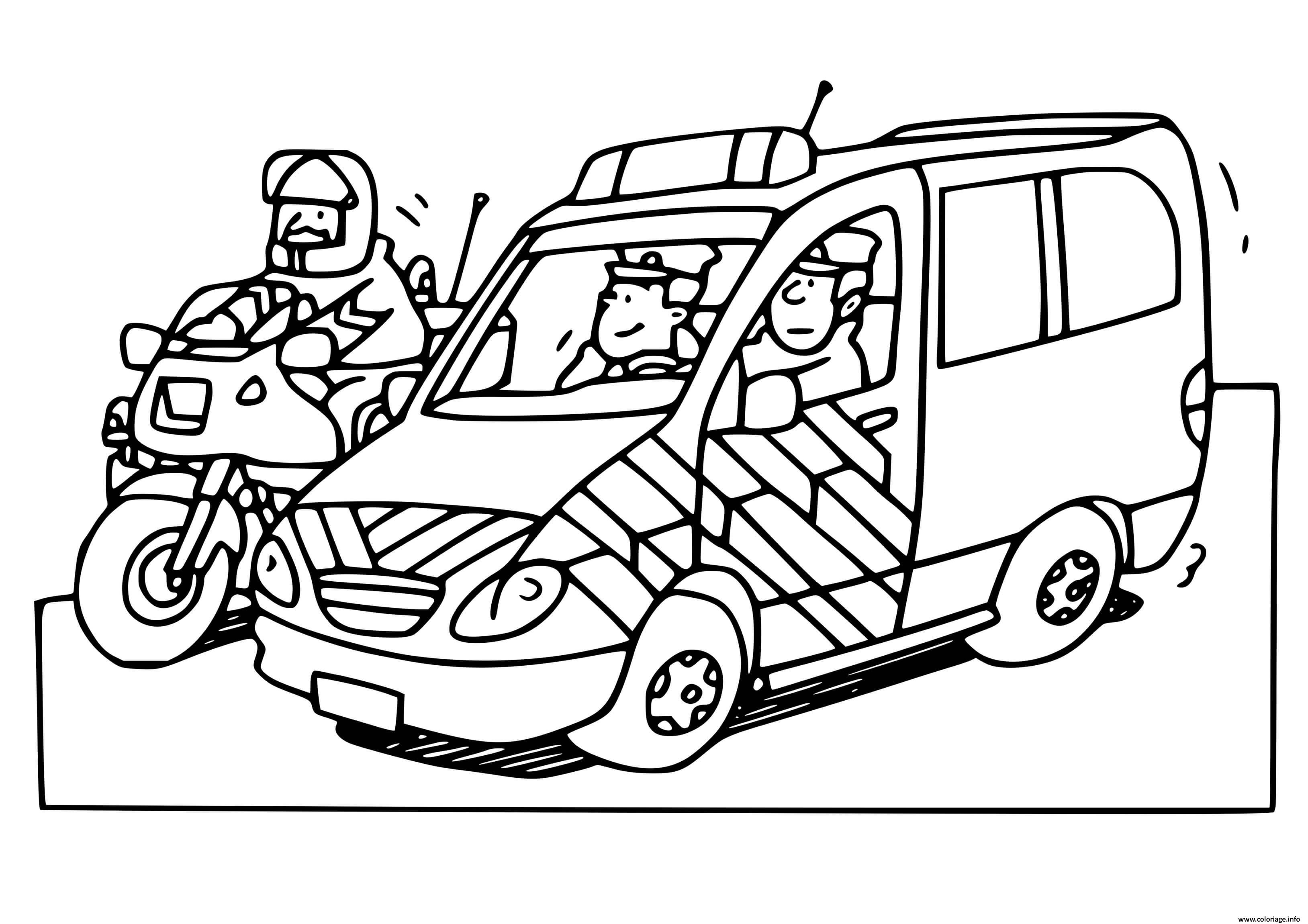 Dessin voiture de police france avec moto de police Coloriage Gratuit à Imprimer