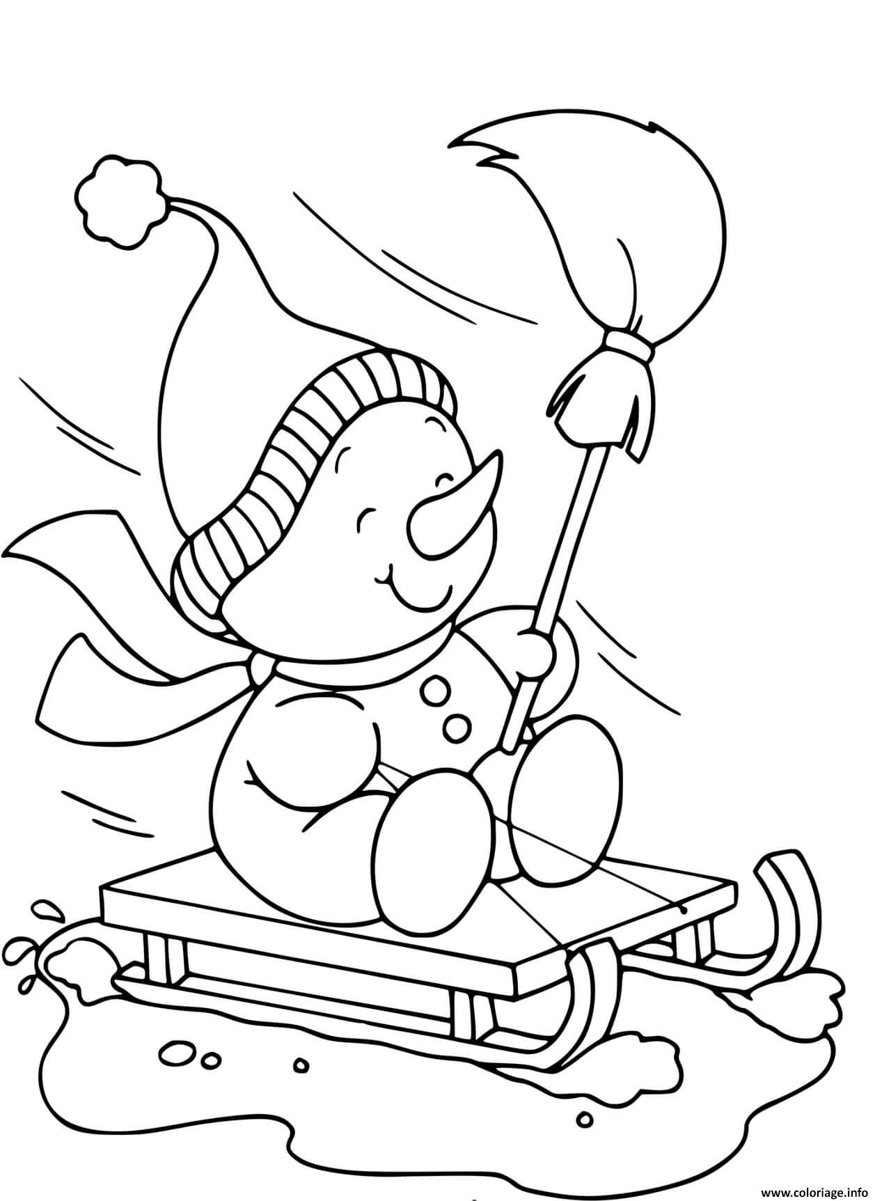 Coloriage bonhomme de neige qui glisse sur la neige  JeColorie.com