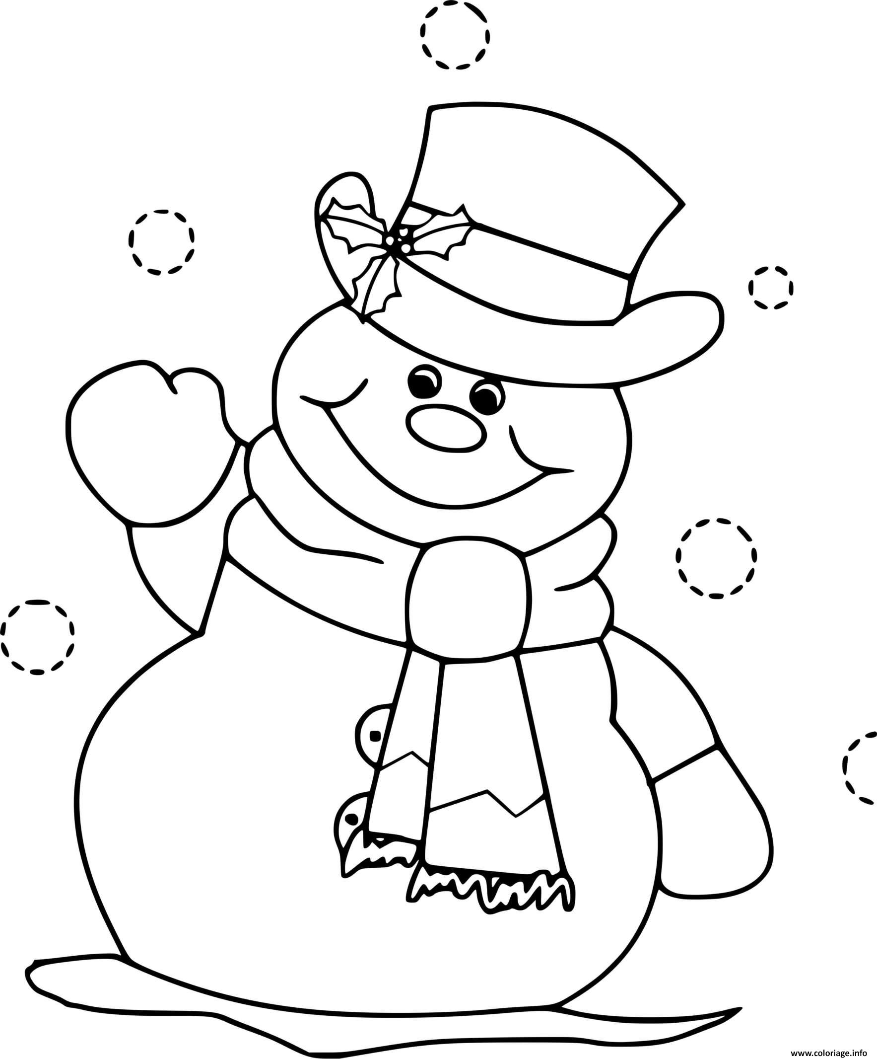 Dessin bonhomme de neige hiver chapeau souriant Coloriage Gratuit à Imprimer