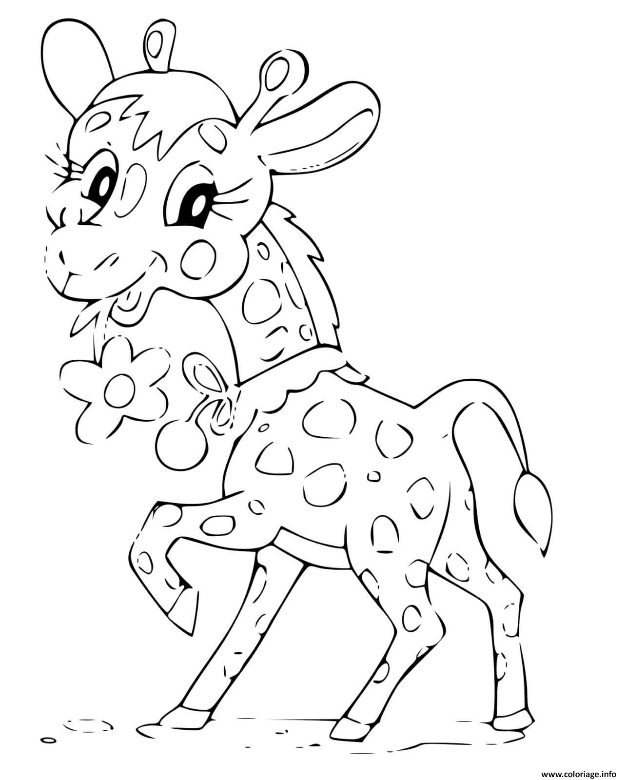 Coloriage Girafe Avec Une Fleur Souriante Dessin Girafe A Imprimer