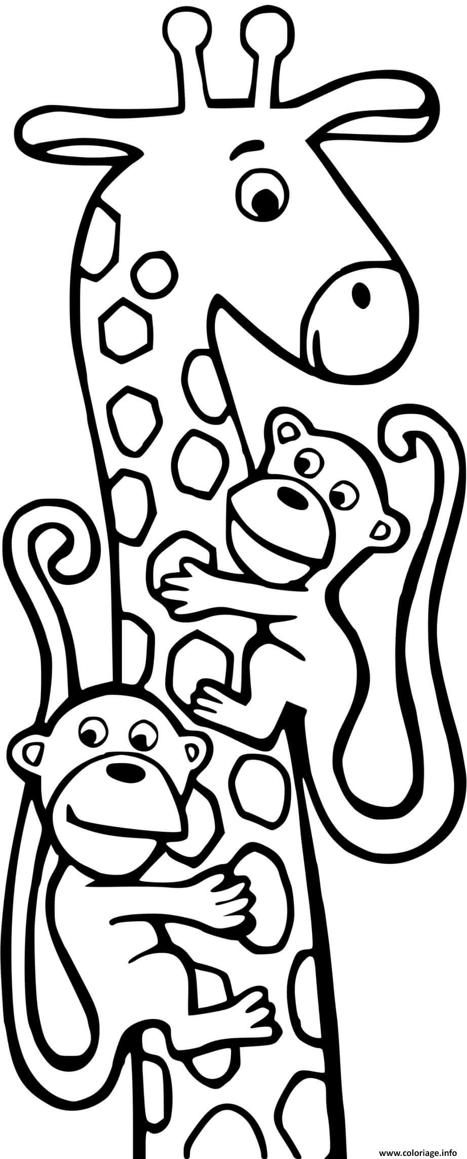 Dessin girafe et 2 singes Coloriage Gratuit à Imprimer