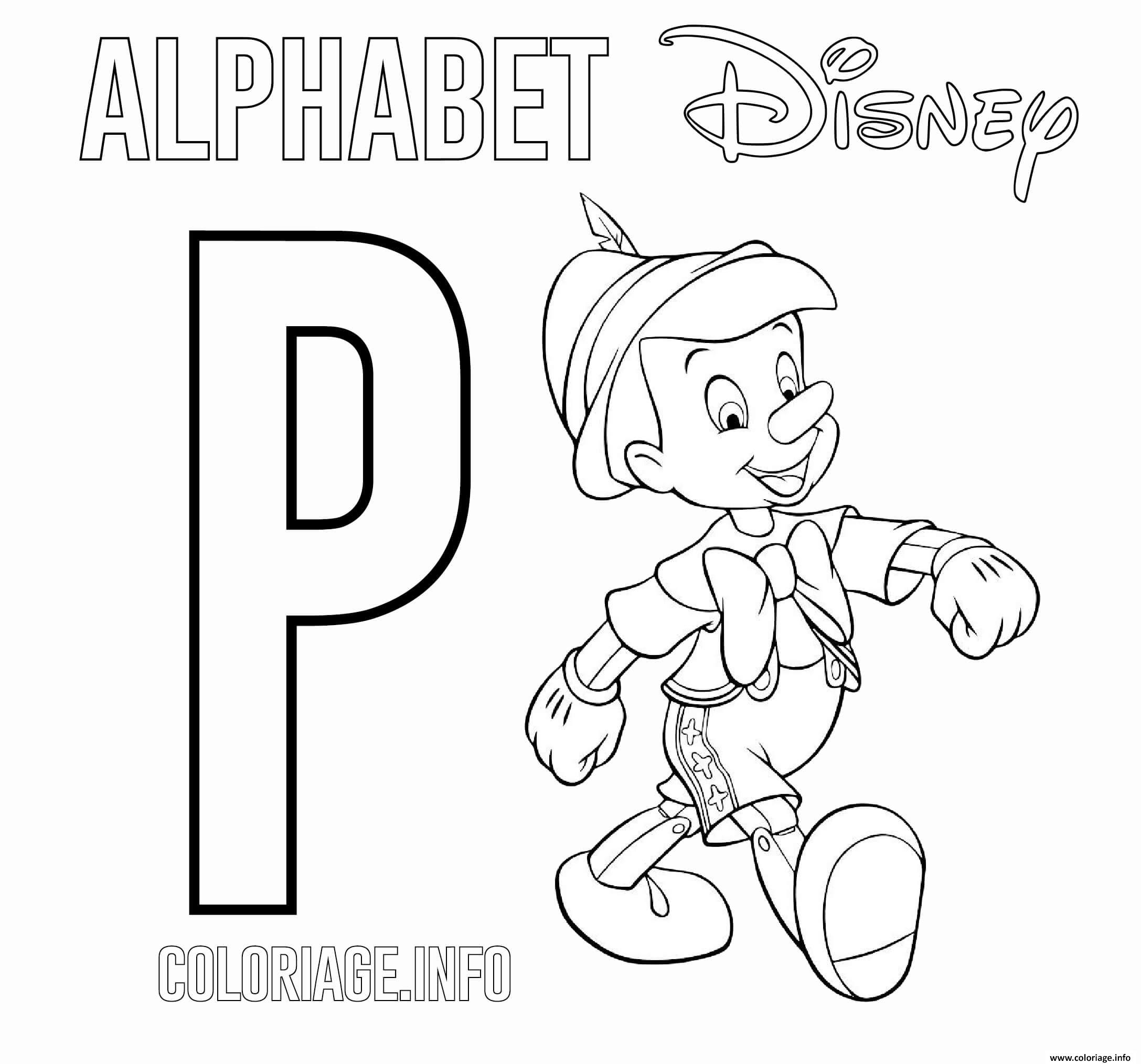 Dessin Lettre P pour Pinocchio Disney Coloriage Gratuit à Imprimer