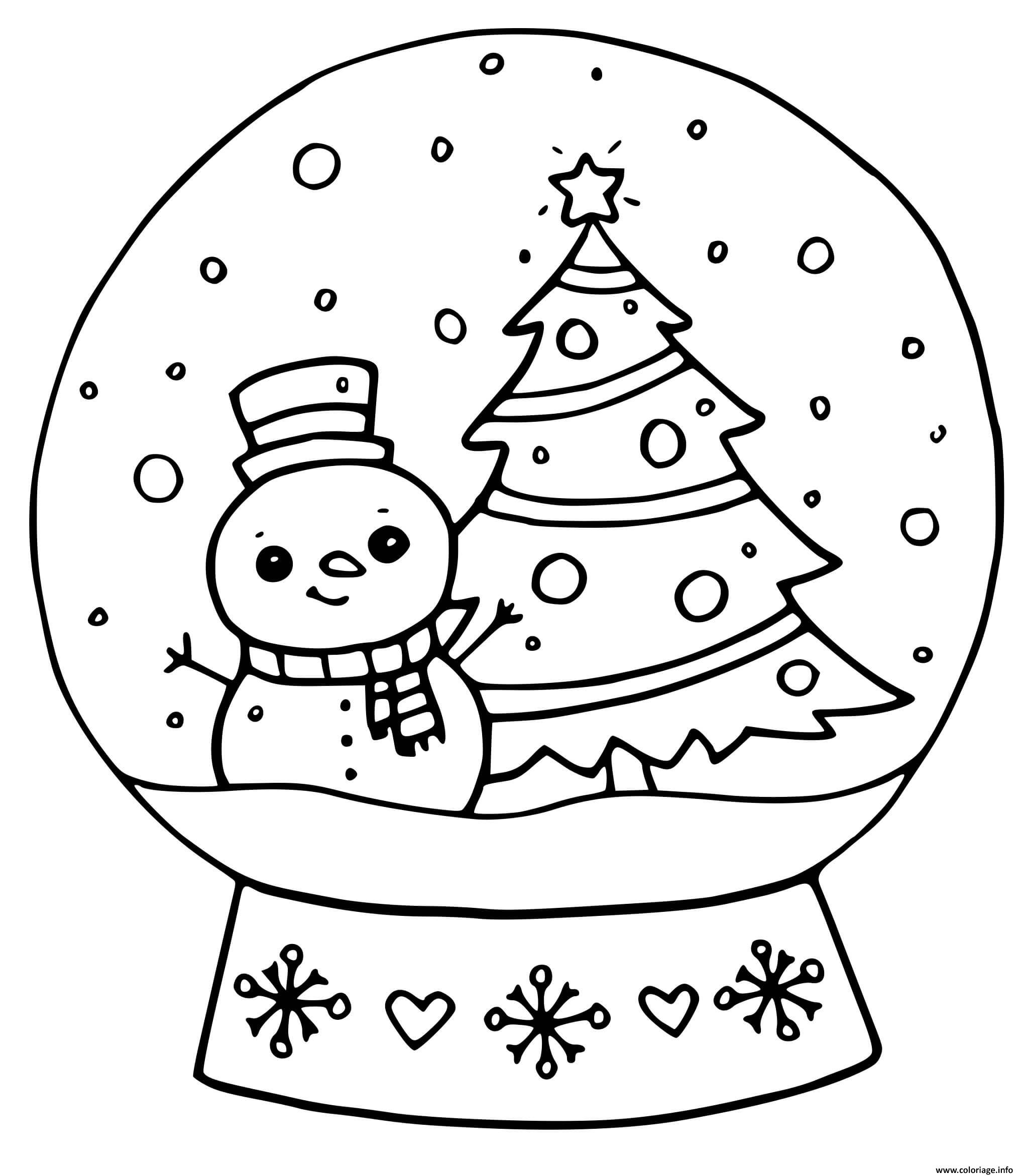Dessin boule a neige decoration noel avec sapin et bonhomme de neige Coloriage Gratuit à Imprimer