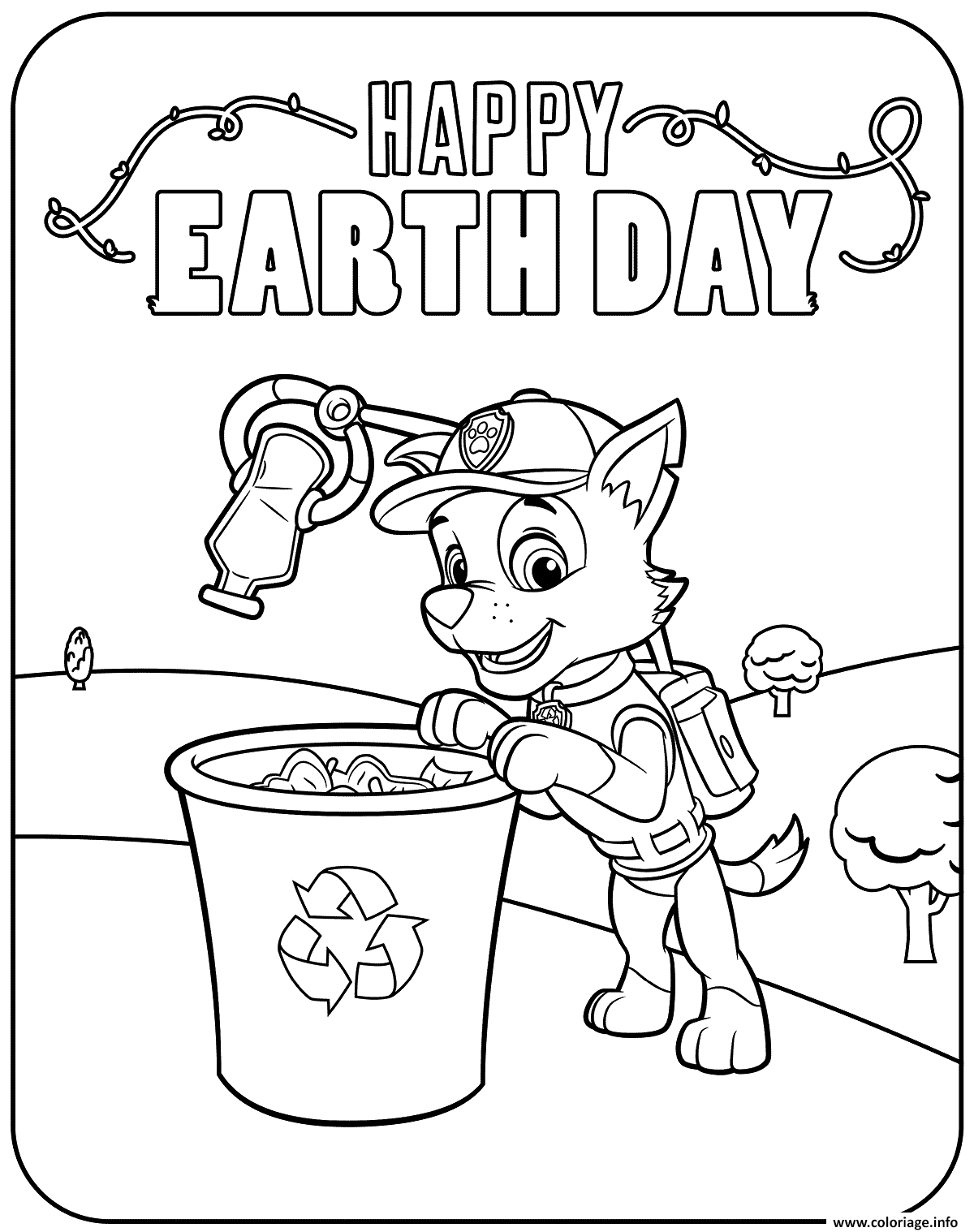 Dessin Joyeux jour de la terre et un bac de recyclage Coloriage Gratuit à Imprimer