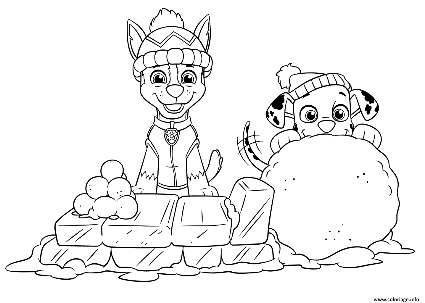 Coloriage Pat Patrouille Ryder Et Marshall Sur Un Lit De Glace Et Boule