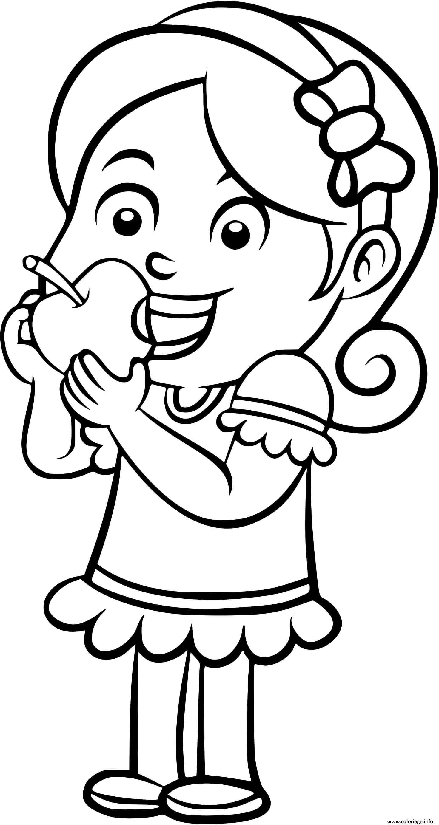 Dessin une fille mange une pomme lors de sa pause Coloriage Gratuit à Imprimer