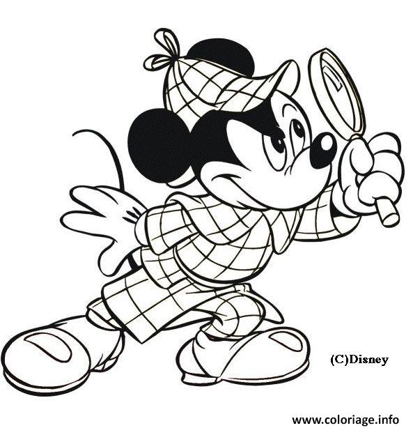 Dessin Mickey est deguise en Sherlock Holmes avec sa loupe Coloriage Gratuit à Imprimer