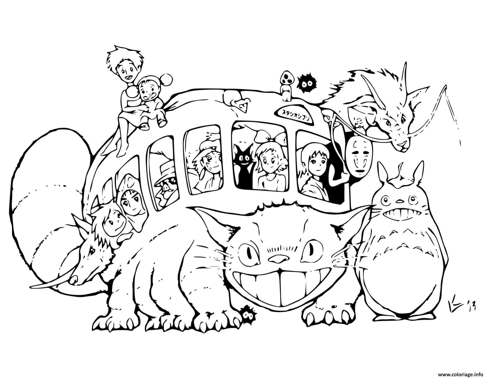 Dessin Totoro avec Chat Bus by Studio Ghiblis Coloriage Gratuit à Imprimer