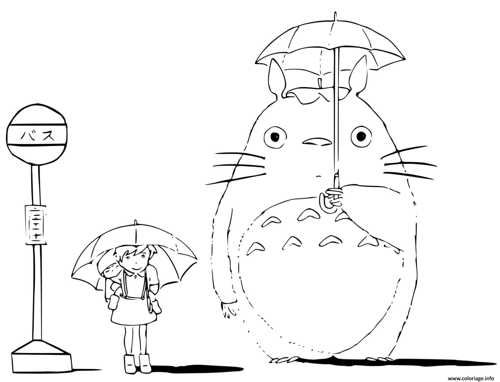 Dessin Totoro attend le bus Coloriage Gratuit à Imprimer