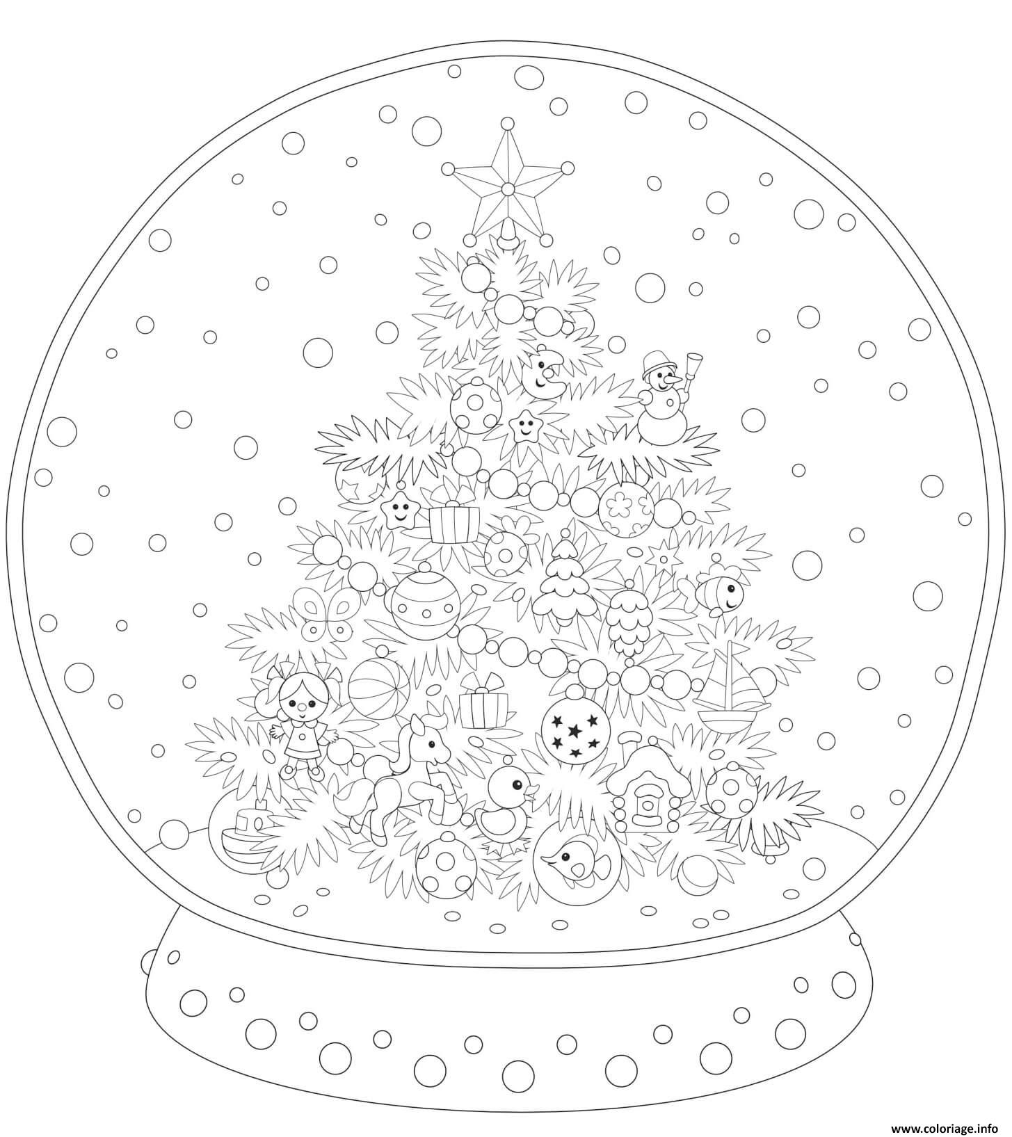 Coloriage boule de neige deco avec sapin pour adulte - JeColorie.com