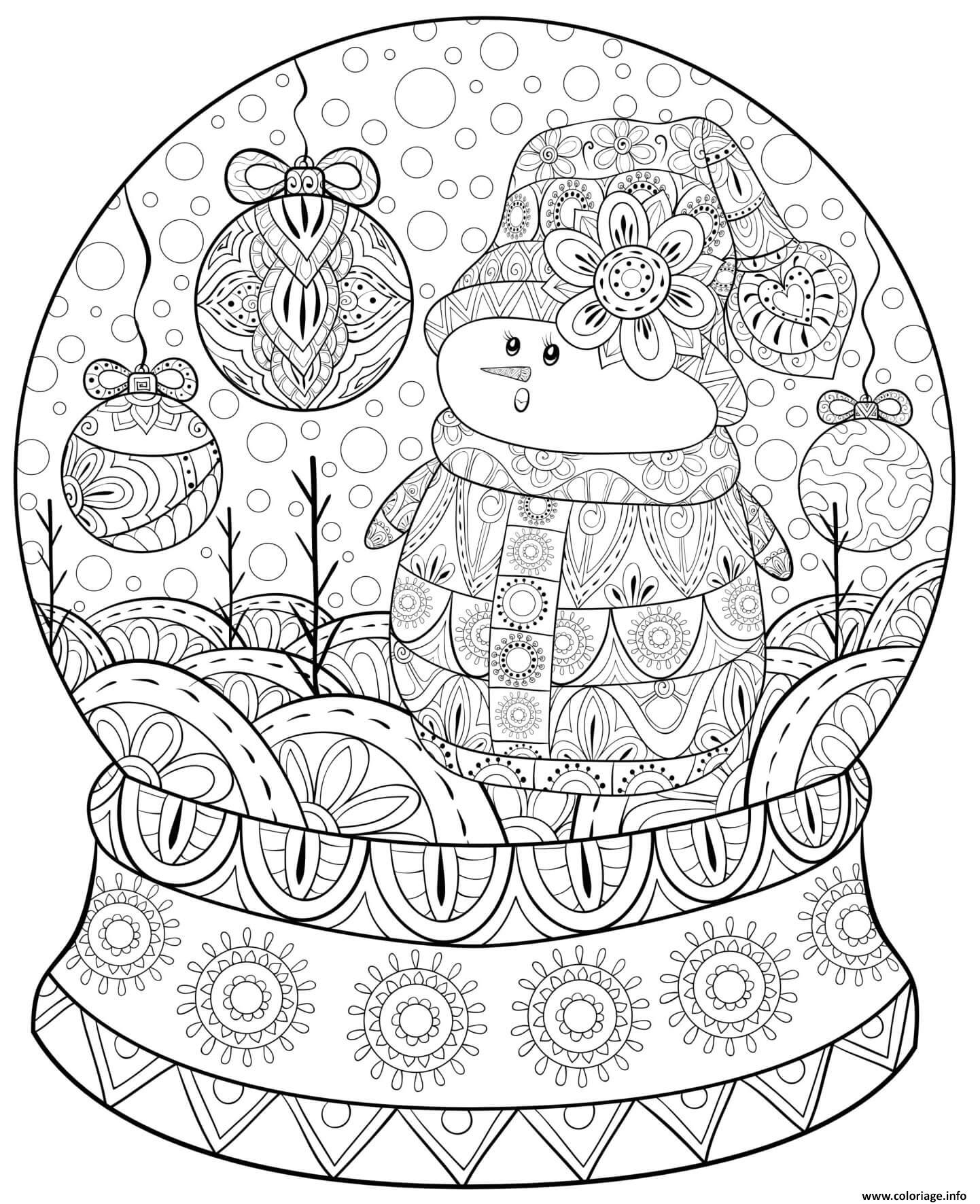 Coloriage noel pour adulte motif globe et bonhomme de neige - JeColorie.com
