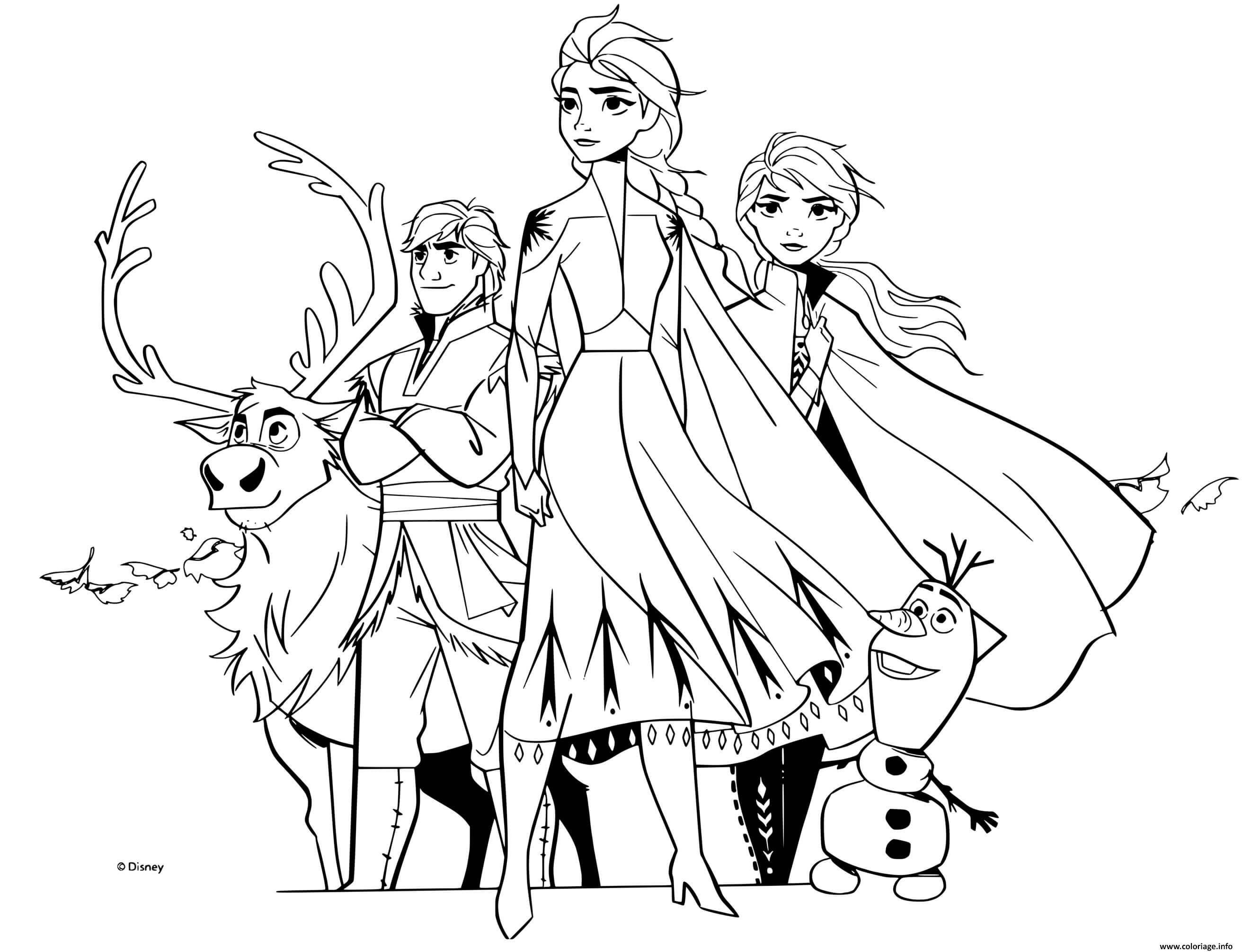 Dessin Reine des Neiges 2 avec Olaf Anna Kristoff Sven ready for the winter adventure Coloriage Gratuit à Imprimer