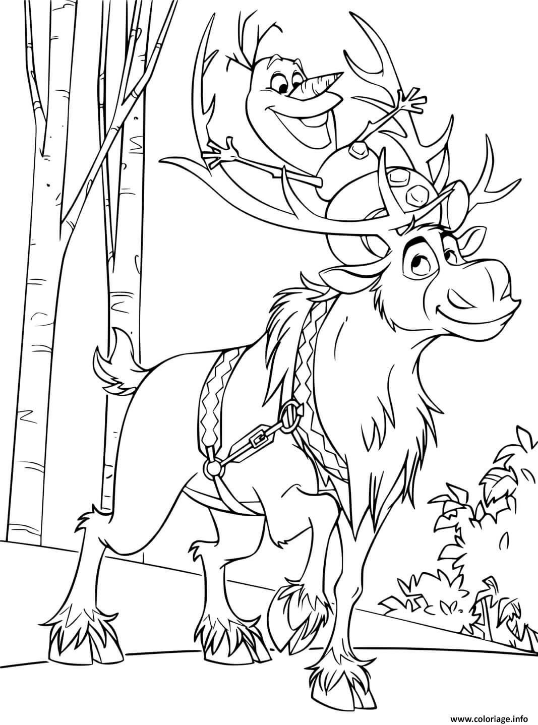 Dessin Olaf le bonhomme de neige et Sven le Renne des vrais amis Coloriage Gratuit à Imprimer