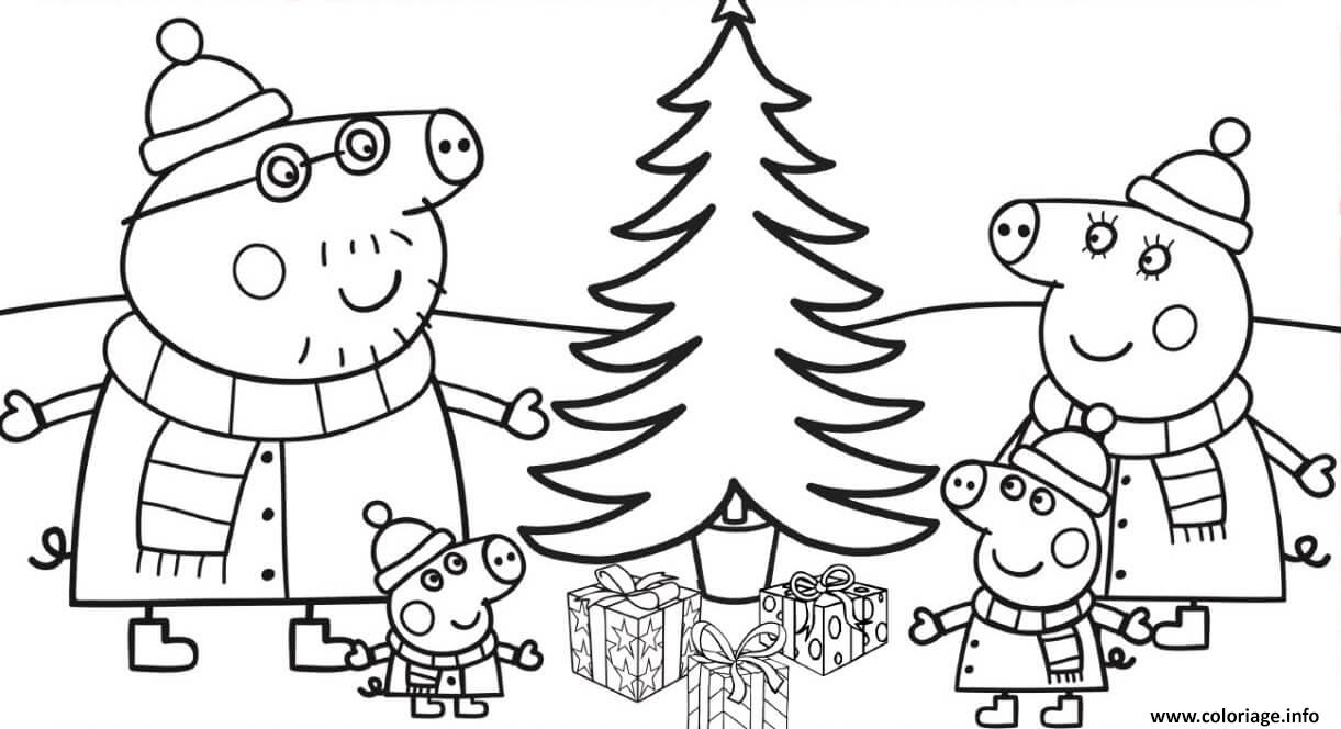 Coloriage La Famille Peppa Pig Autour Du Sapin De Noel Dessin Peppa Pig