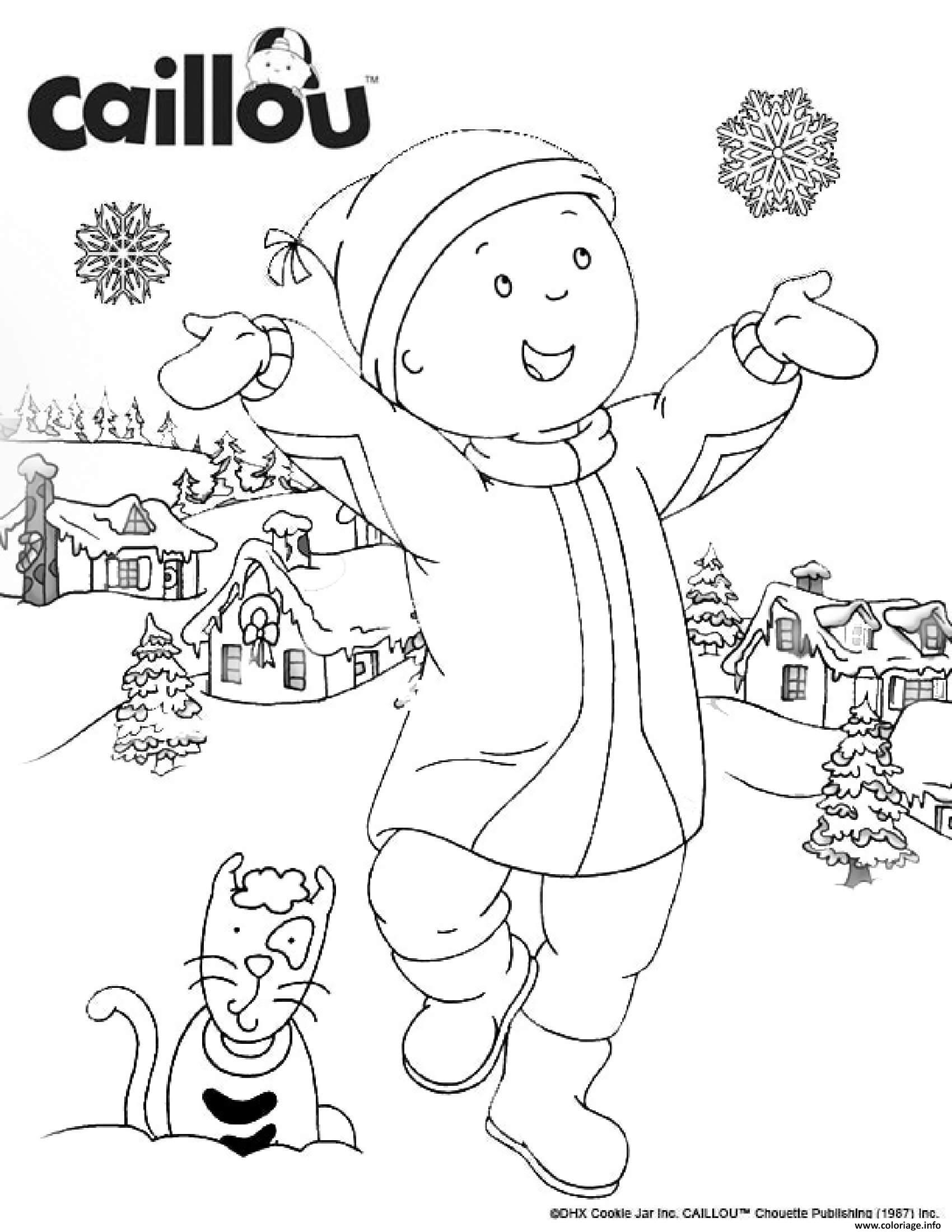 Dessin cest bientot noel avec le chat gilbert et caillou qui adorent les flocons de neiges Coloriage Gratuit à Imprimer