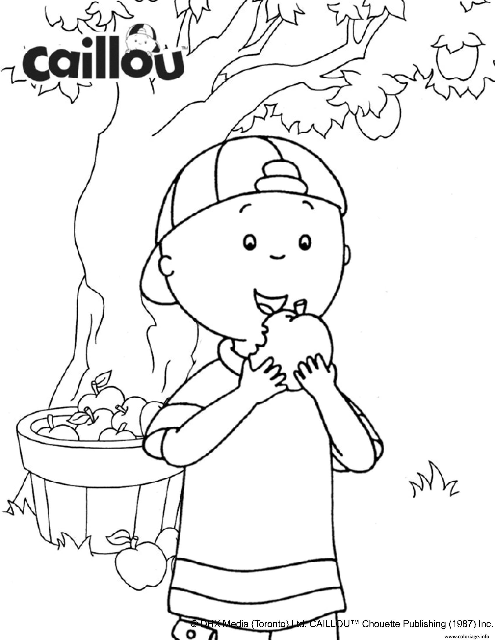 Dessin cueillette de pommes avec caillou qui mange une pomme Coloriage Gratuit à Imprimer