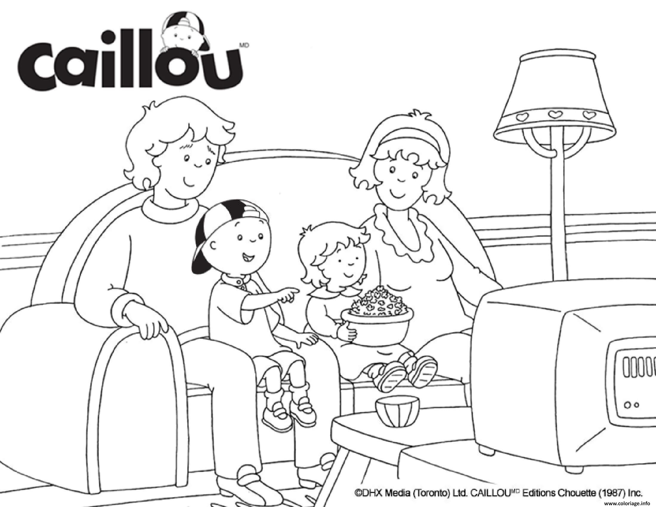 Dessin la famille caillou regarde un film a la television Coloriage Gratuit à Imprimer