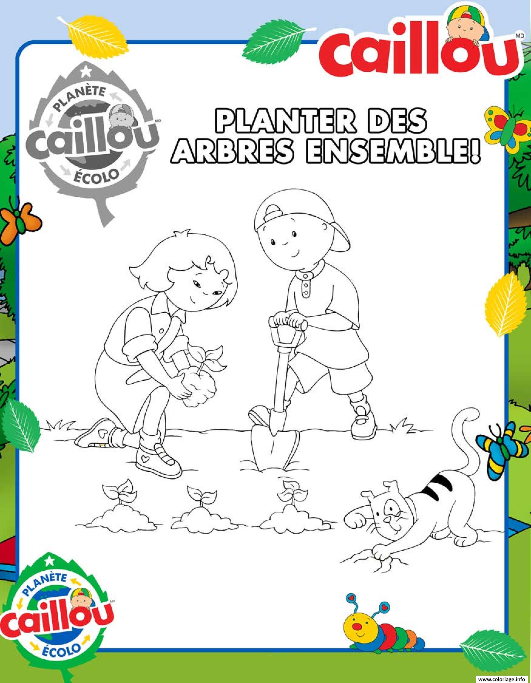 Dessin caillou plante des arbres avec sarah et son chat gilbert Coloriage Gratuit à Imprimer