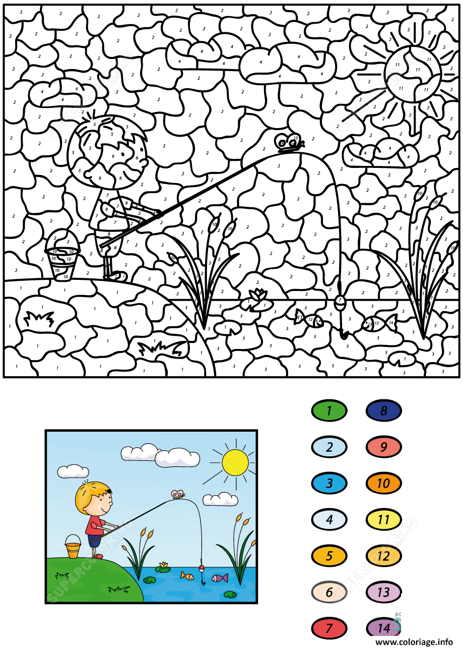 Dessin un pecheur au bord dun lac par numero Coloriage Gratuit à Imprimer