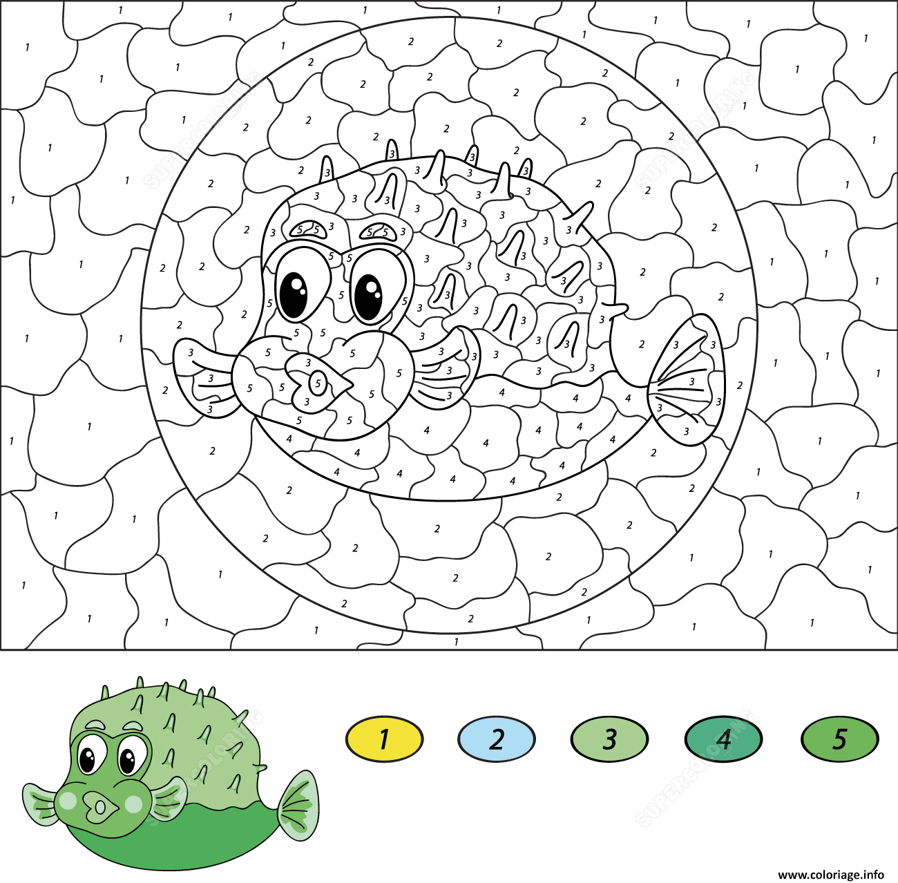 Coloriage Posson Pufferfish Magique Par Numero Dessin à Imprimer